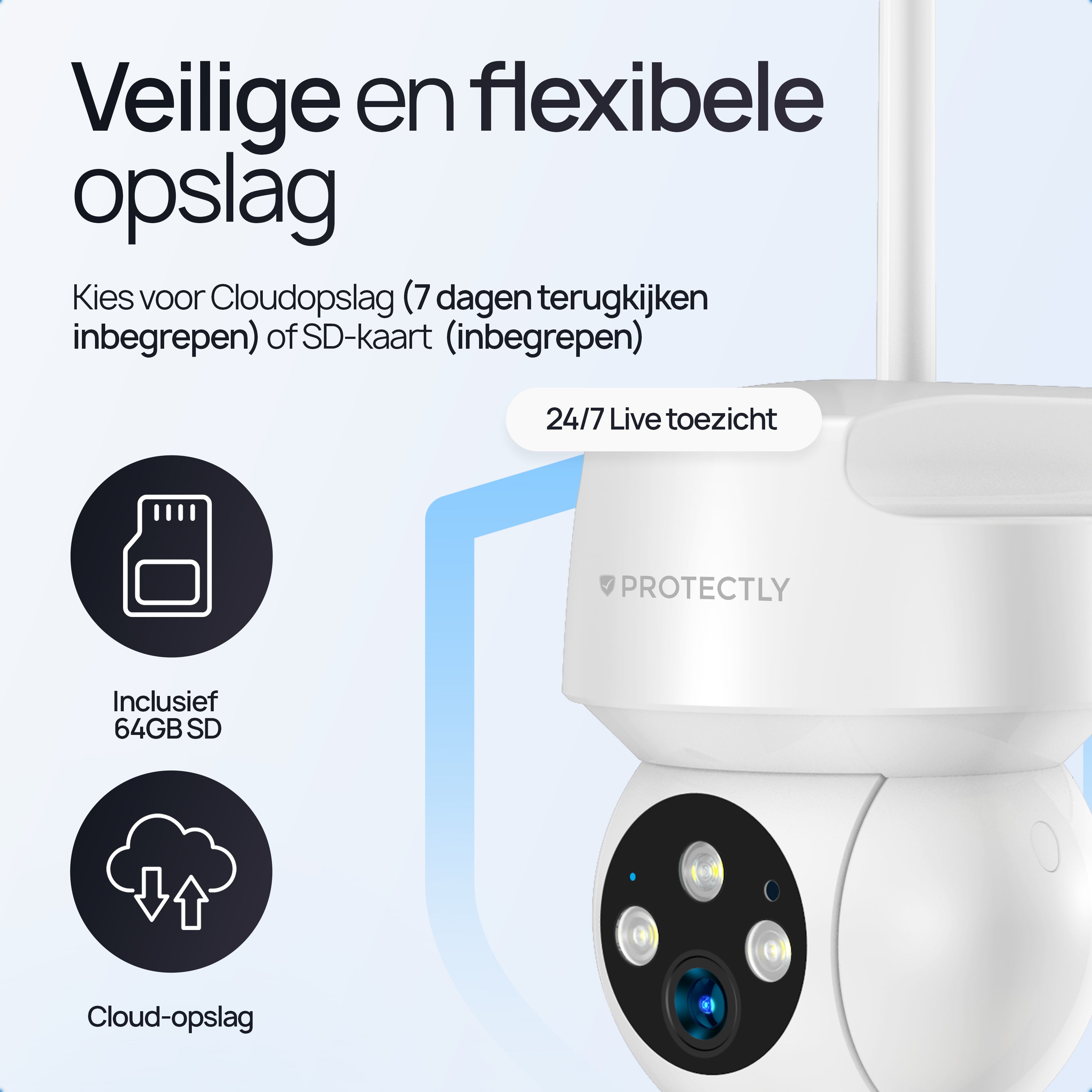 Protectly® Beveiligingscamera Buiten - 3K HD 5MP - Met WiFi en APP - Incl. 64GB SD - Wit