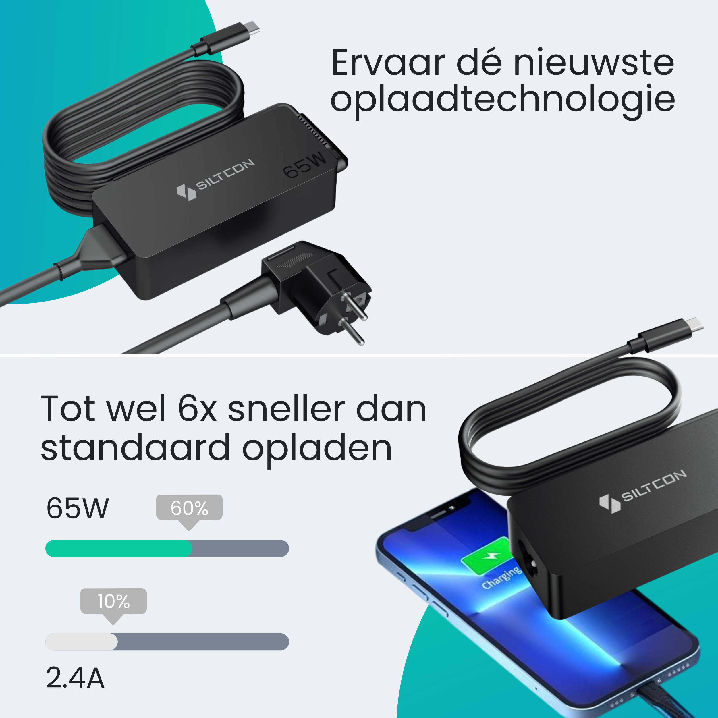 Siltcon 65W USB-C Adapter – Snelladen zonder gewicht – Universeel voor al je apparaten