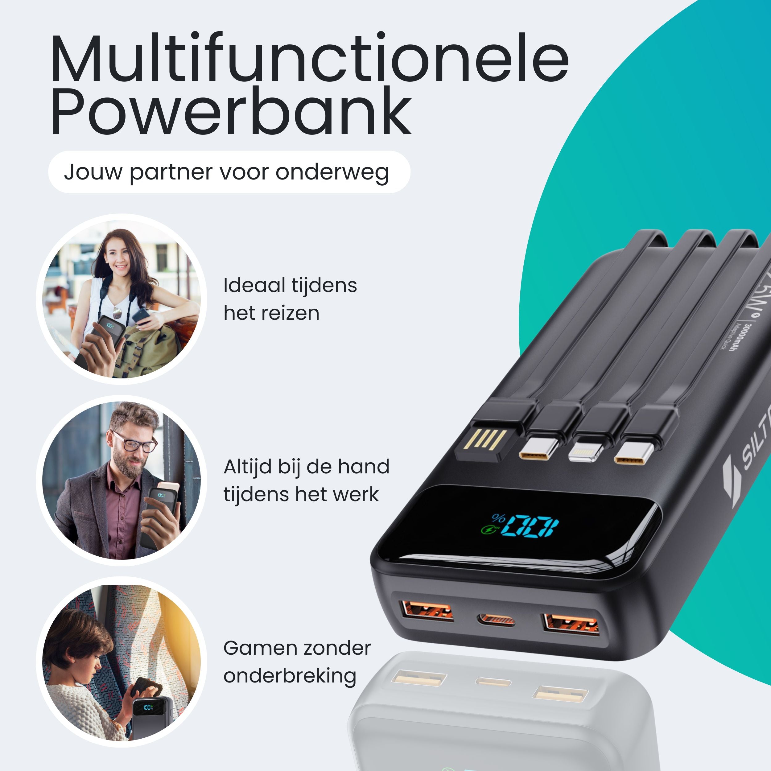 Siltcon Powerbank 30000 mAh – Snelladen & Ingebouwde Kabels