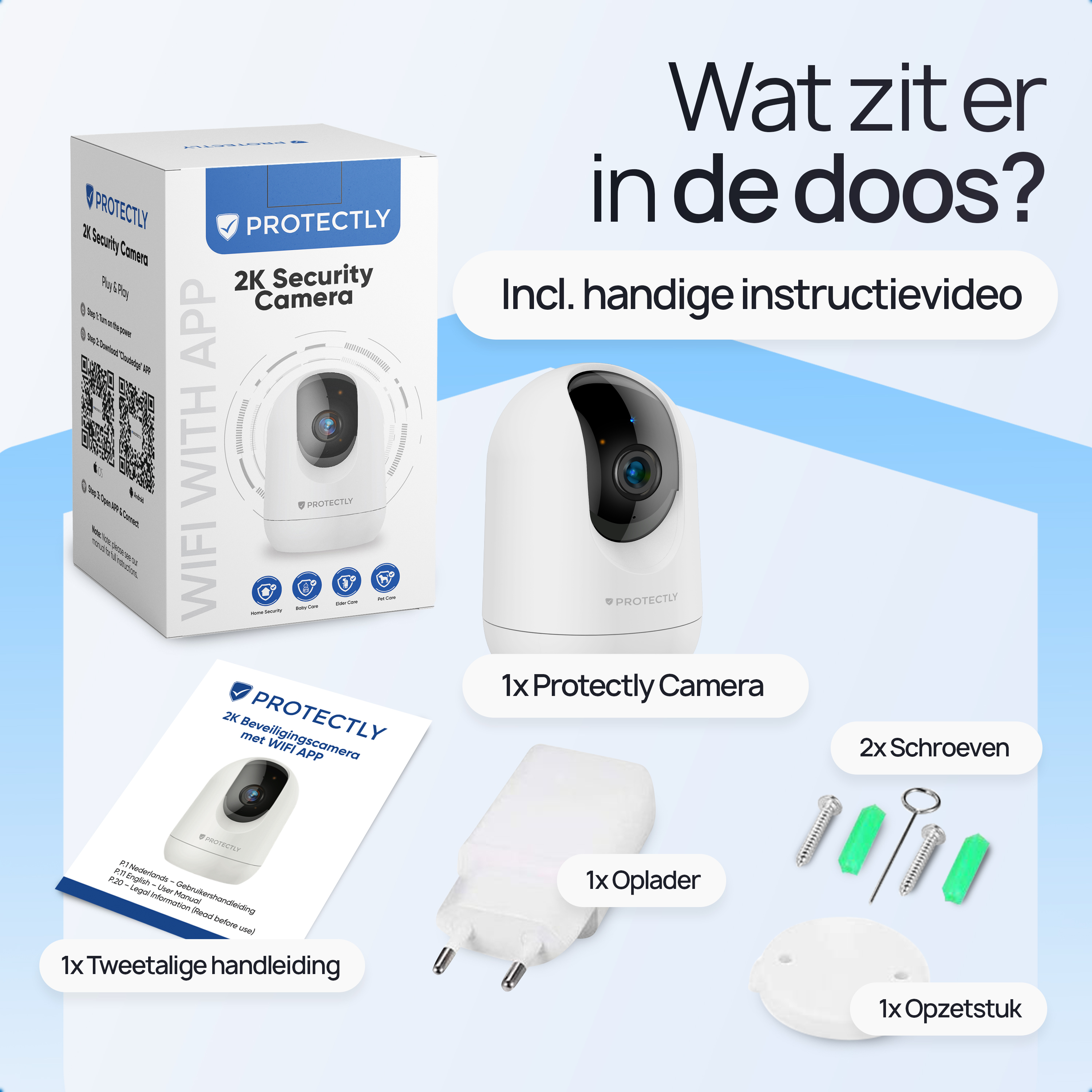 Caméra de sécurité intérieure Protectly® 2K - Caméra pour animaux de compagnie - Avec application WiFi - 2K 3MP Ultra HD - Blanc