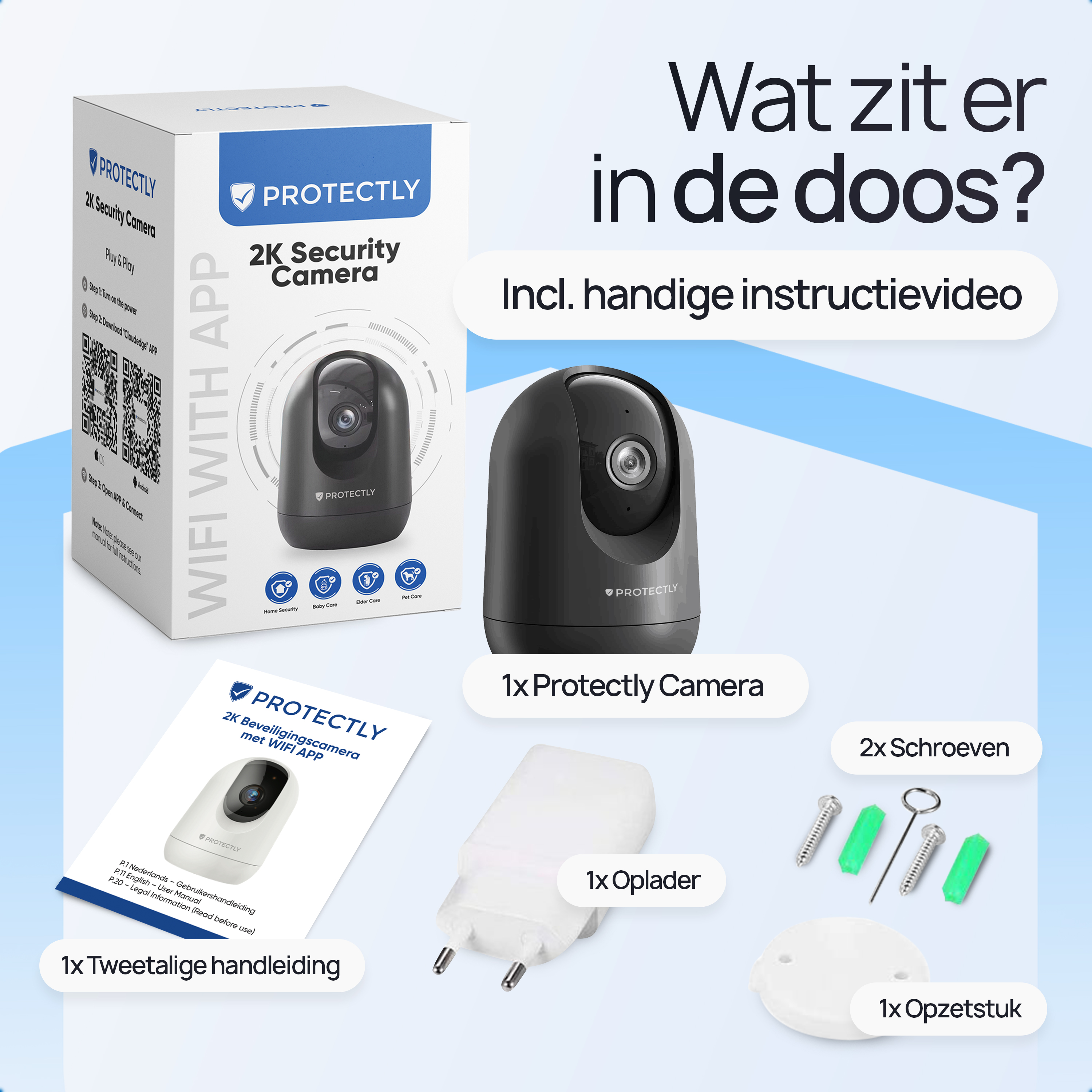 Caméra de sécurité intérieure Protectly® 2K - Caméra pour animaux de compagnie - Avec application WiFi - 2K 3MP Ultra HD - Noir