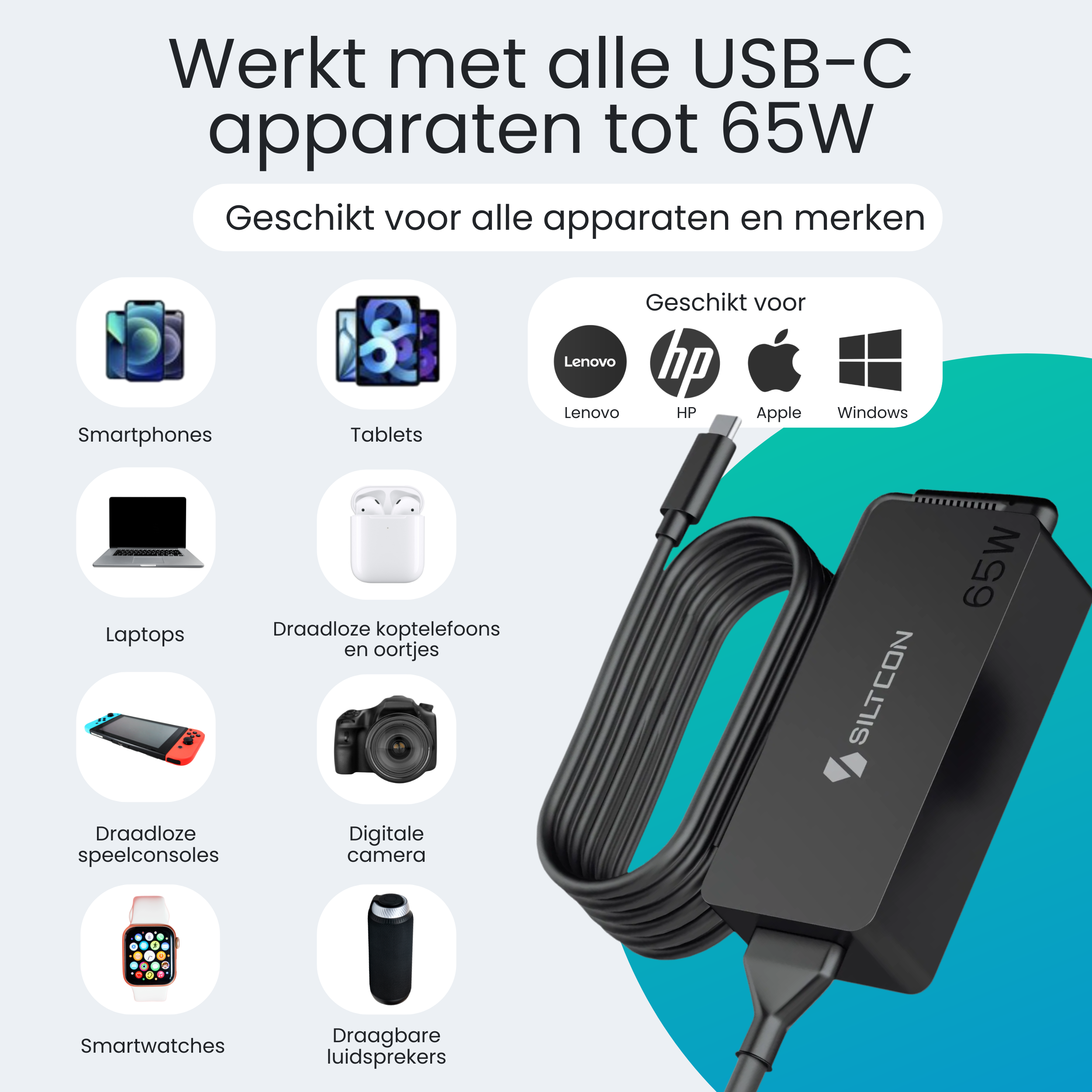 Siltcon 65W USB-C Adapter – Snelladen zonder gewicht – Universeel voor al je apparaten