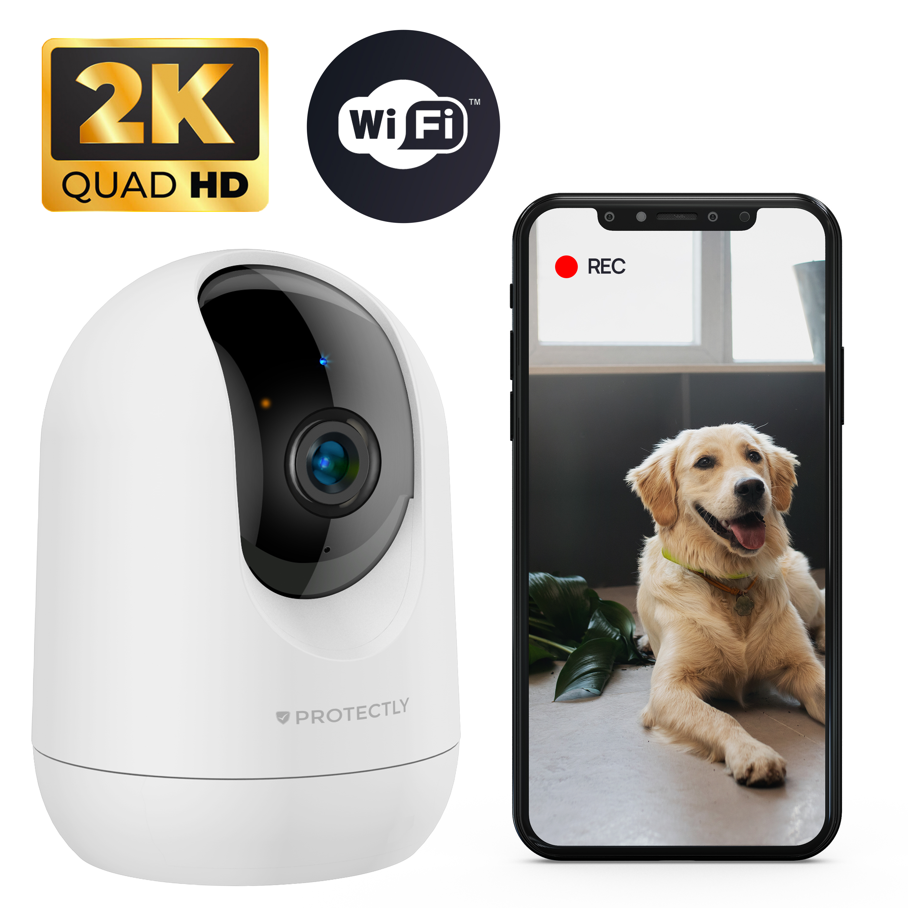 Caméra de sécurité intérieure Protectly® 2K - Caméra pour animaux de compagnie - Avec application WiFi - 2K 3MP Ultra HD - Blanc