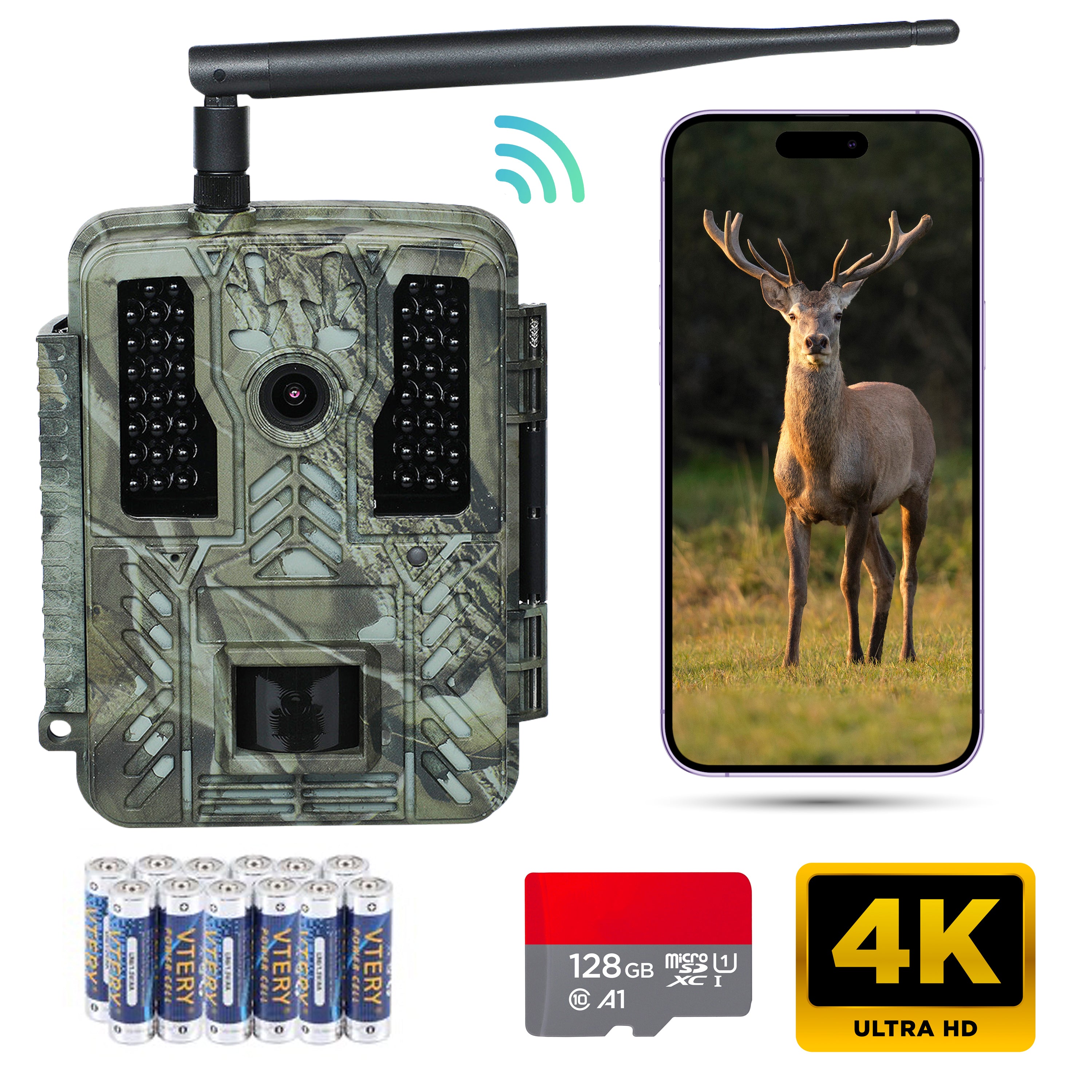 Caméra Siltcon®Wild - 4K Ultra HD & 60MP - Caméra animalière extérieure - APP WiFi - Incl. SD 128 Go - Trépied - 12 batteries - Modèle 2024