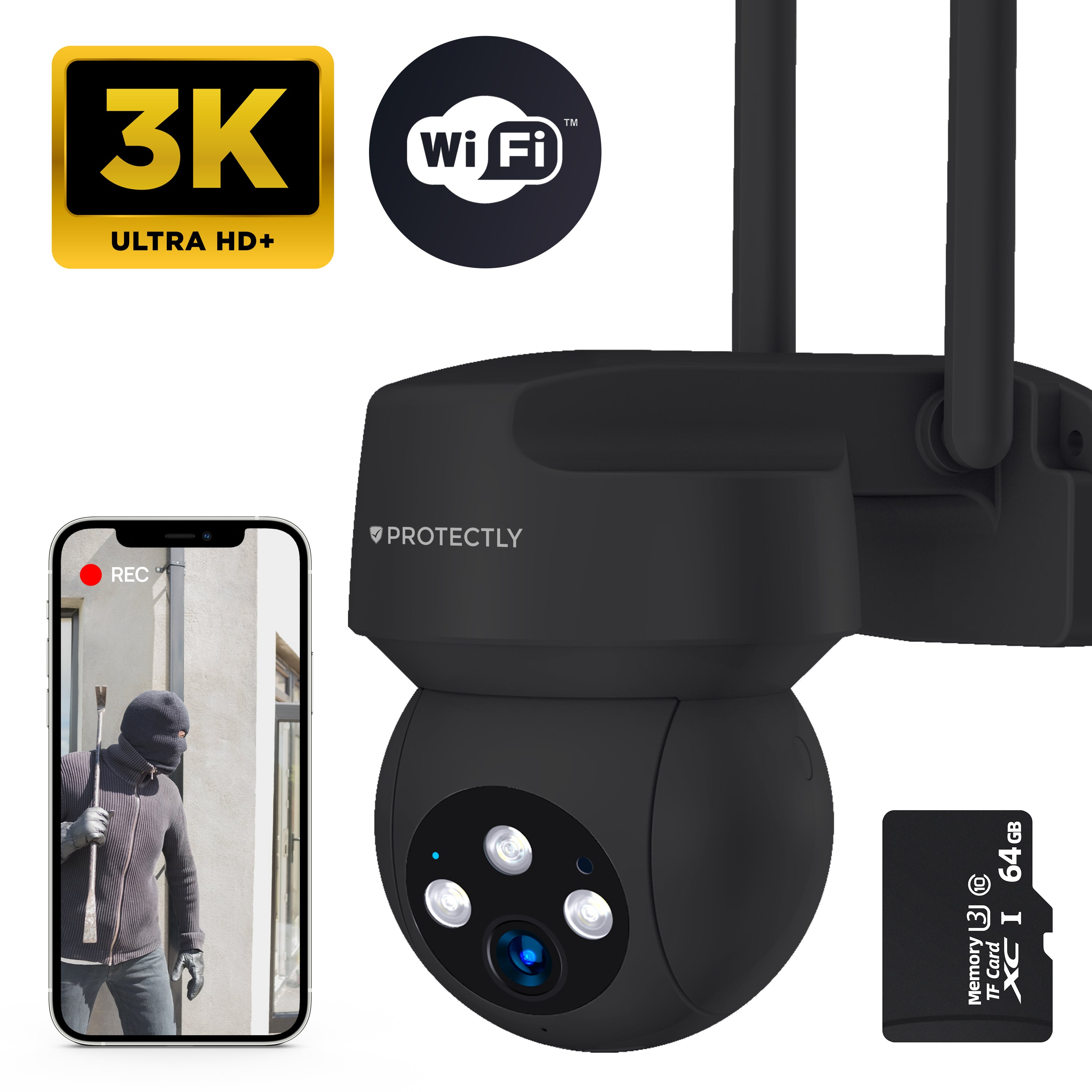 Protectly® Beveiligingscamera Buiten - 3K HD 5MP - Met WiFi en APP - Incl. 64GB SD - Zwart