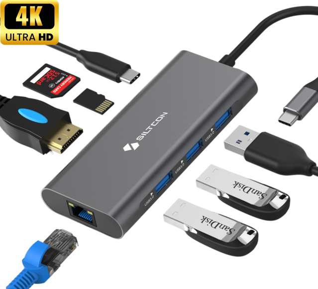 Siltcon® Hub USB C 8 en 1 - Station d'accueil pour ordinateur portable - HDMI 4K - RJ45