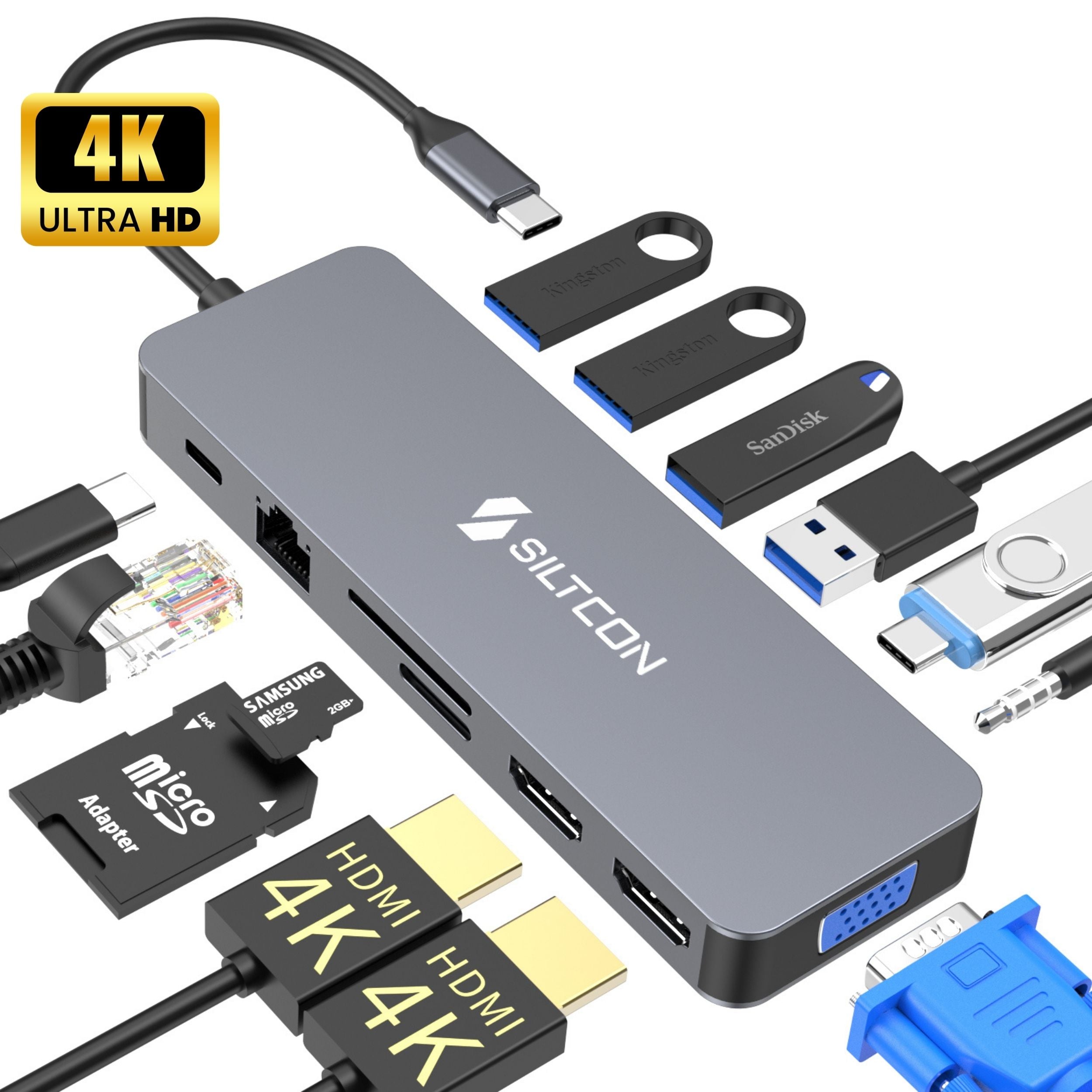 Siltcon® 13 in 1 Docking Station Laptop - 2x HDMI 4K - 100W Snelladen - RJ45 Gigabit - 1x VGA - 4x USB 3.0 - 2x USB-C - SD/TF - Audio 3.5MM