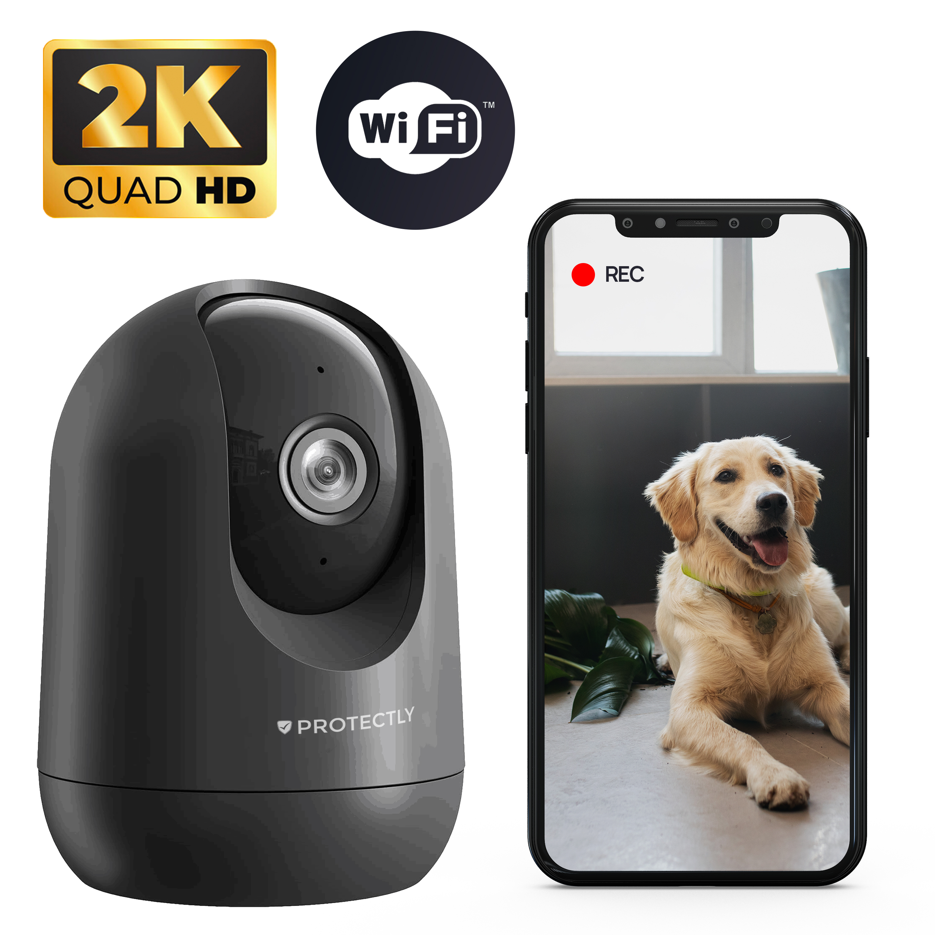 Caméra de sécurité intérieure Protectly® 2K - Caméra pour animaux de compagnie - Avec application WiFi - 2K 3MP Ultra HD - Noir