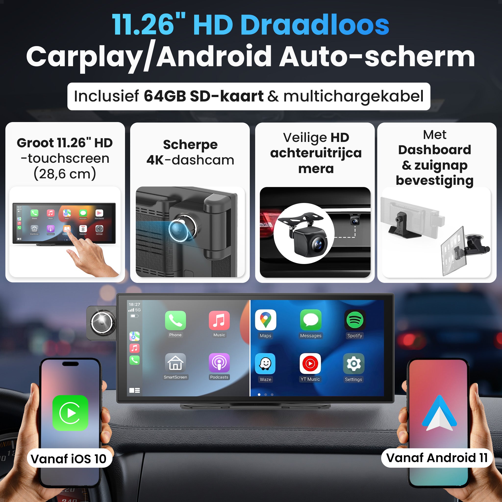 Siltcon® 11.26" Carplay / Android Auto Scherm & 4K Dashcam