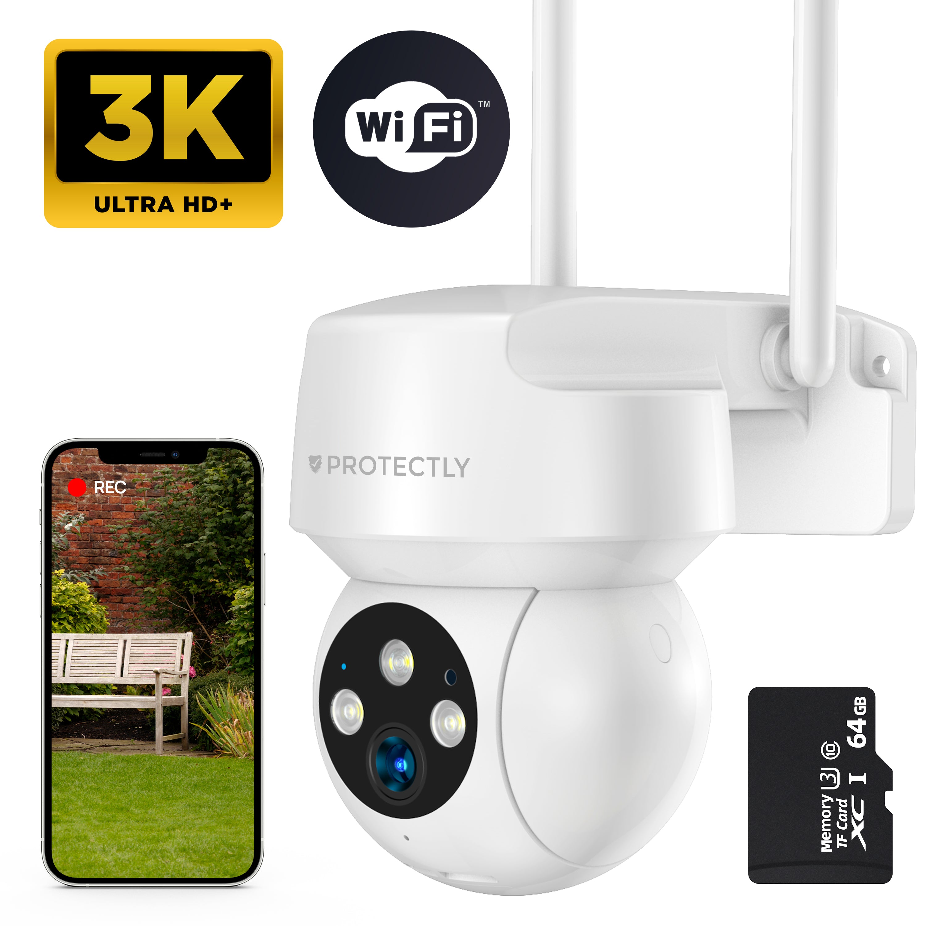 Protectly® Beveiligingscamera Buiten - 3K HD 5MP - Met WiFi en APP - Incl. 64GB SD - Wit