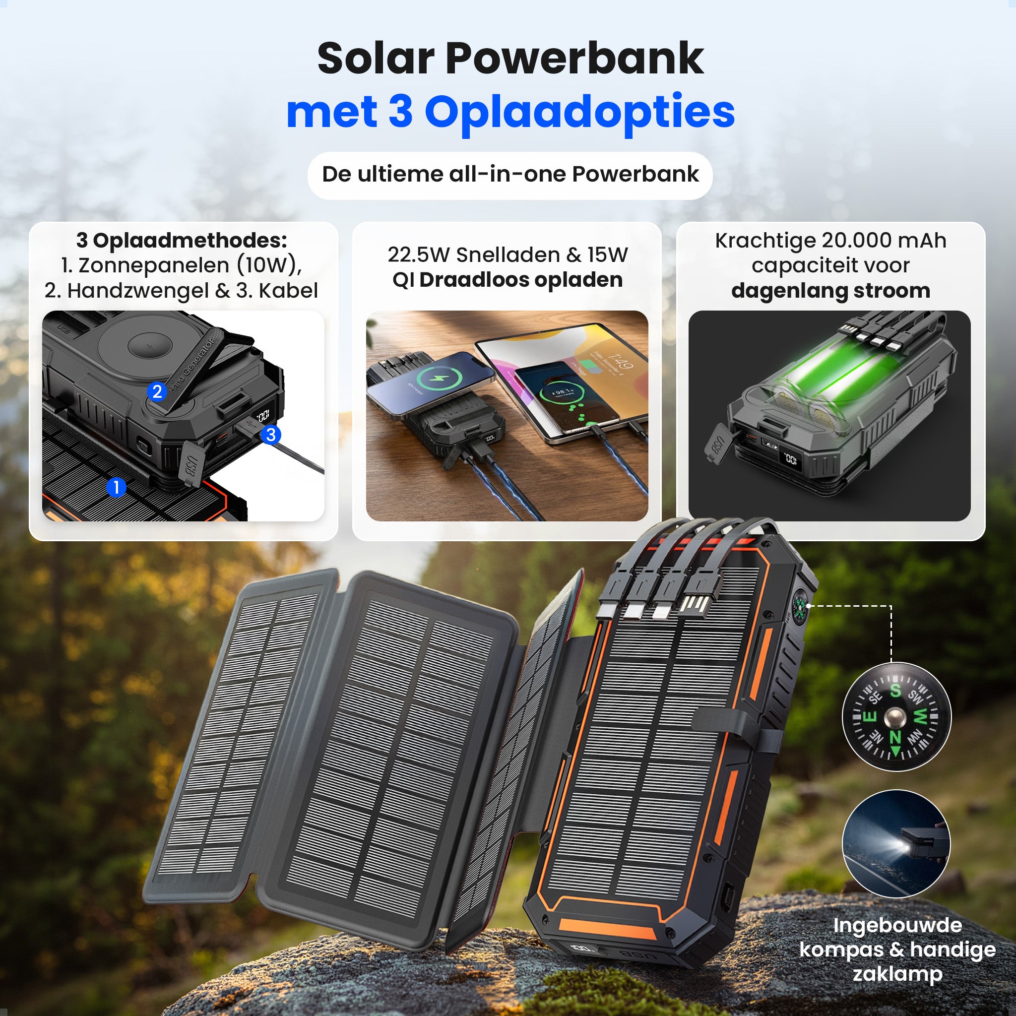 Siltcon® Powerbank Zonneenergie 20000 mAh - Solar Powerbank & Opwindbaar