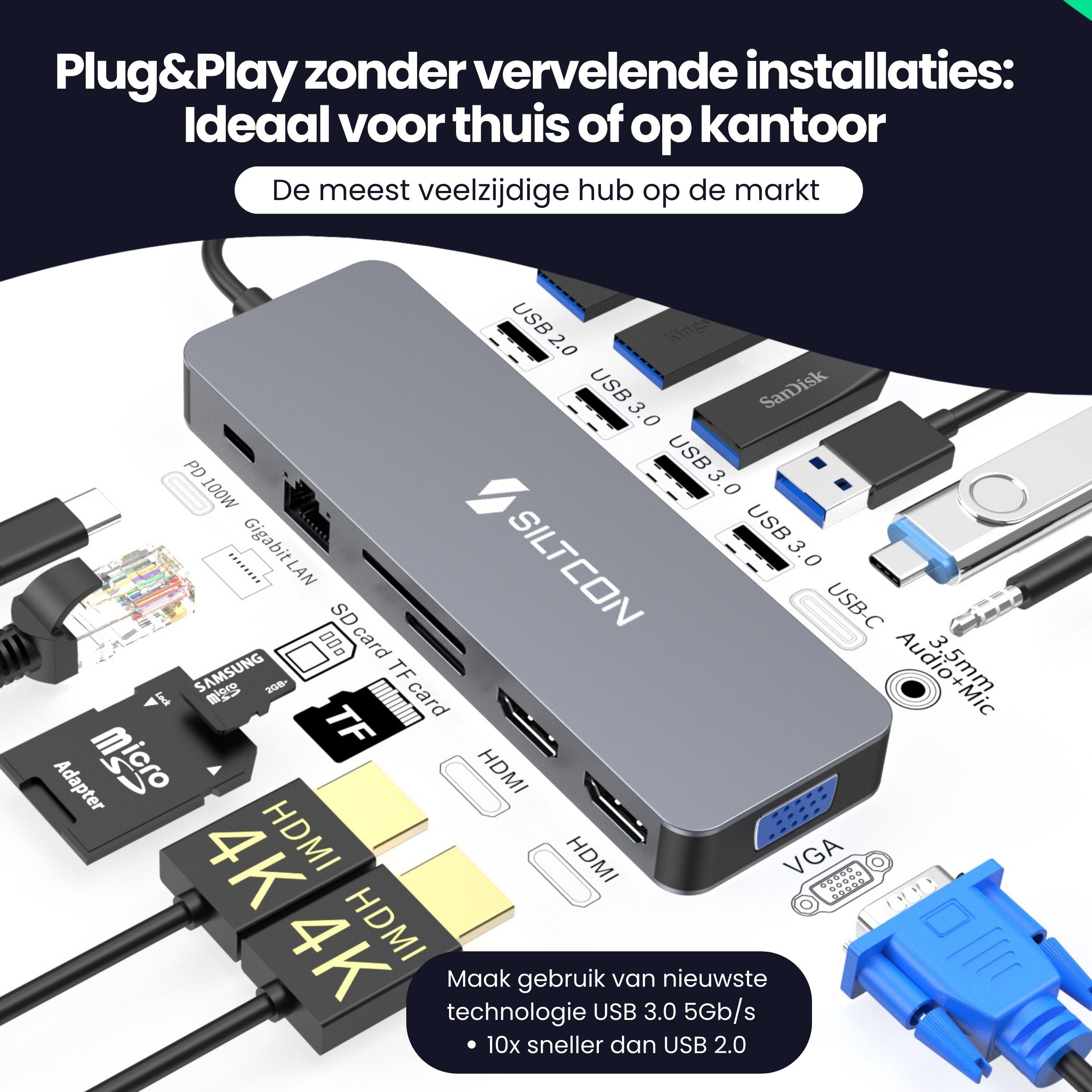 Siltcon® 13 in 1 Docking Station Laptop - 2x HDMI 4K - 100W Snelladen - RJ45 Gigabit - 1x VGA - 4x USB 3.0 - 2x USB-C - SD/TF - Audio 3.5MM