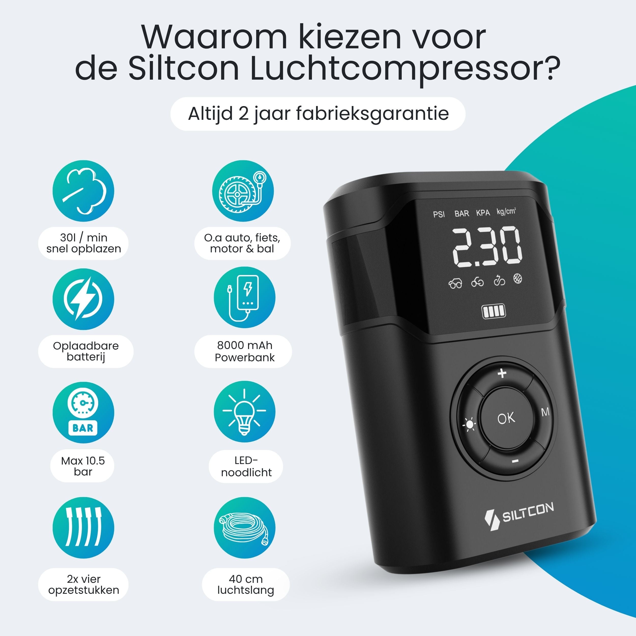 Siltcon Luchtcompressor – 30L/min – 10.5 bar automatische bandenpomp - Siltcon