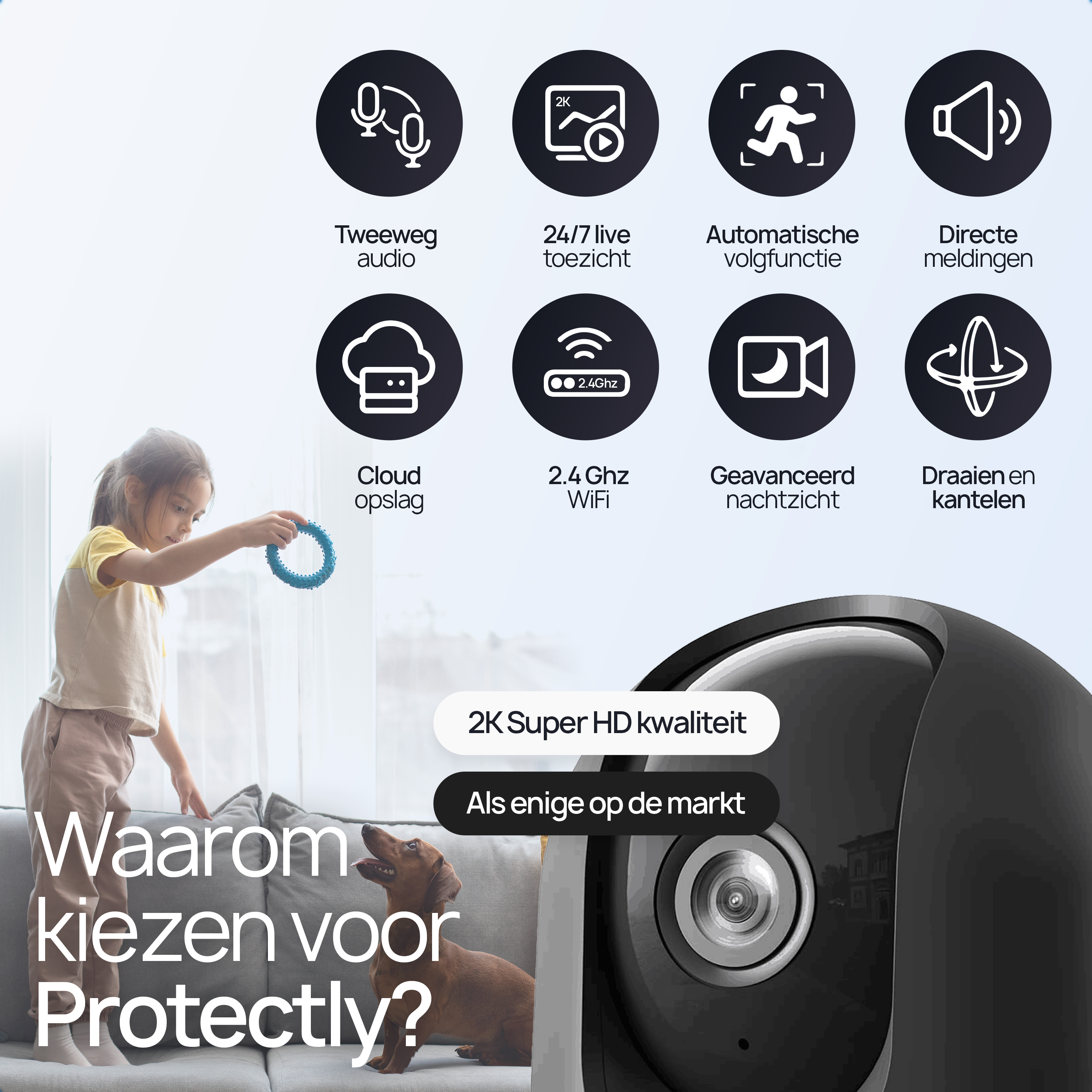 Caméra de sécurité intérieure Protectly® 2K - Caméra pour animaux de compagnie - Avec application WiFi - 2K 3MP Ultra HD - Noir