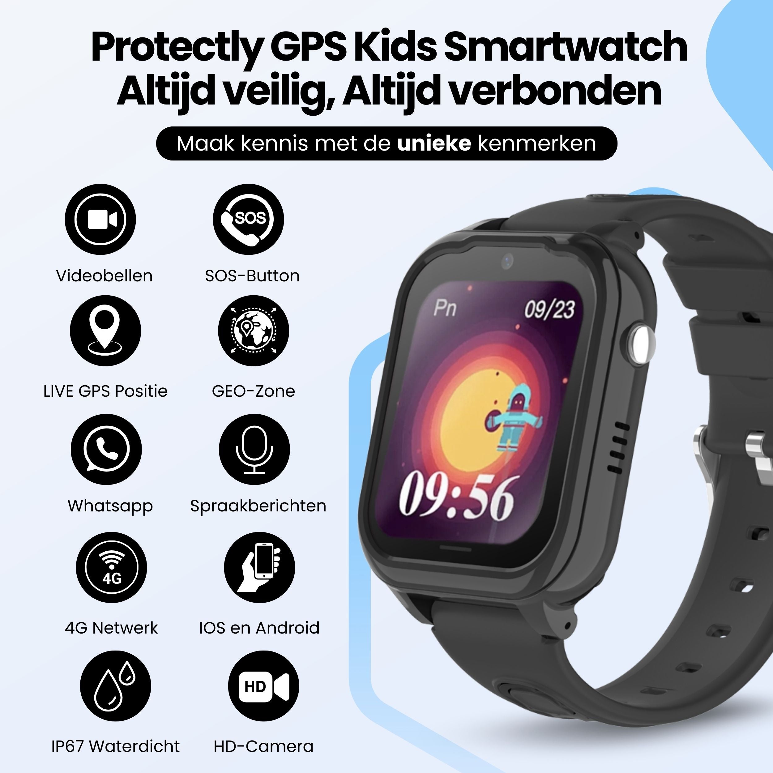 Protectly® Smartwatch Kinderen - GPS Horloge Kind Met Simkaart - 4G - Videobellen - HD Camera - SOS-Knop - Whatsapp en SMS - Elke polsmaat - Incl. Simkaart