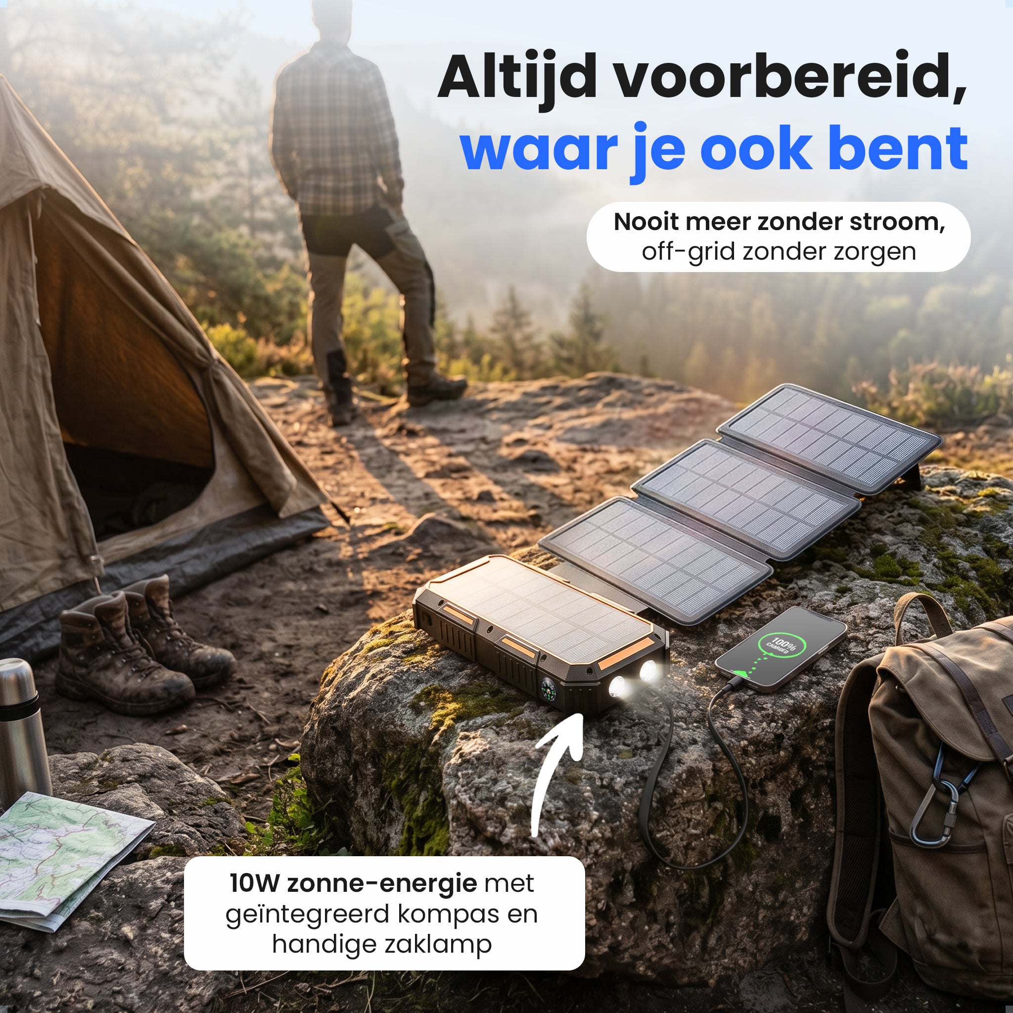 Siltcon® Powerbank Zonneenergie 20000 mAh - Solar Powerbank & Opwindbaar
