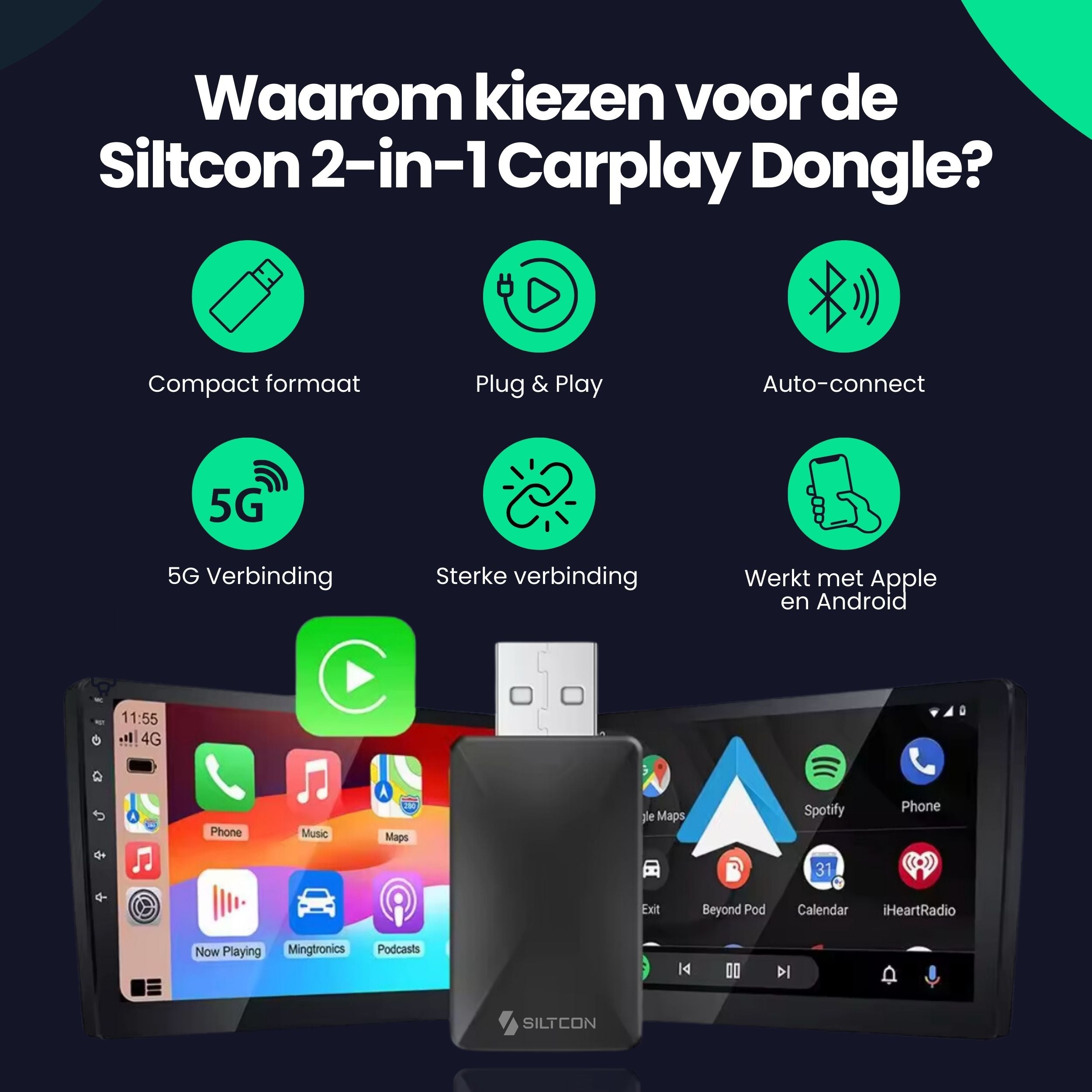 Dongle Carplay 2-en-1 Siltcon® - Android Auto - USB - USB-C - Noir - Modèle 2024