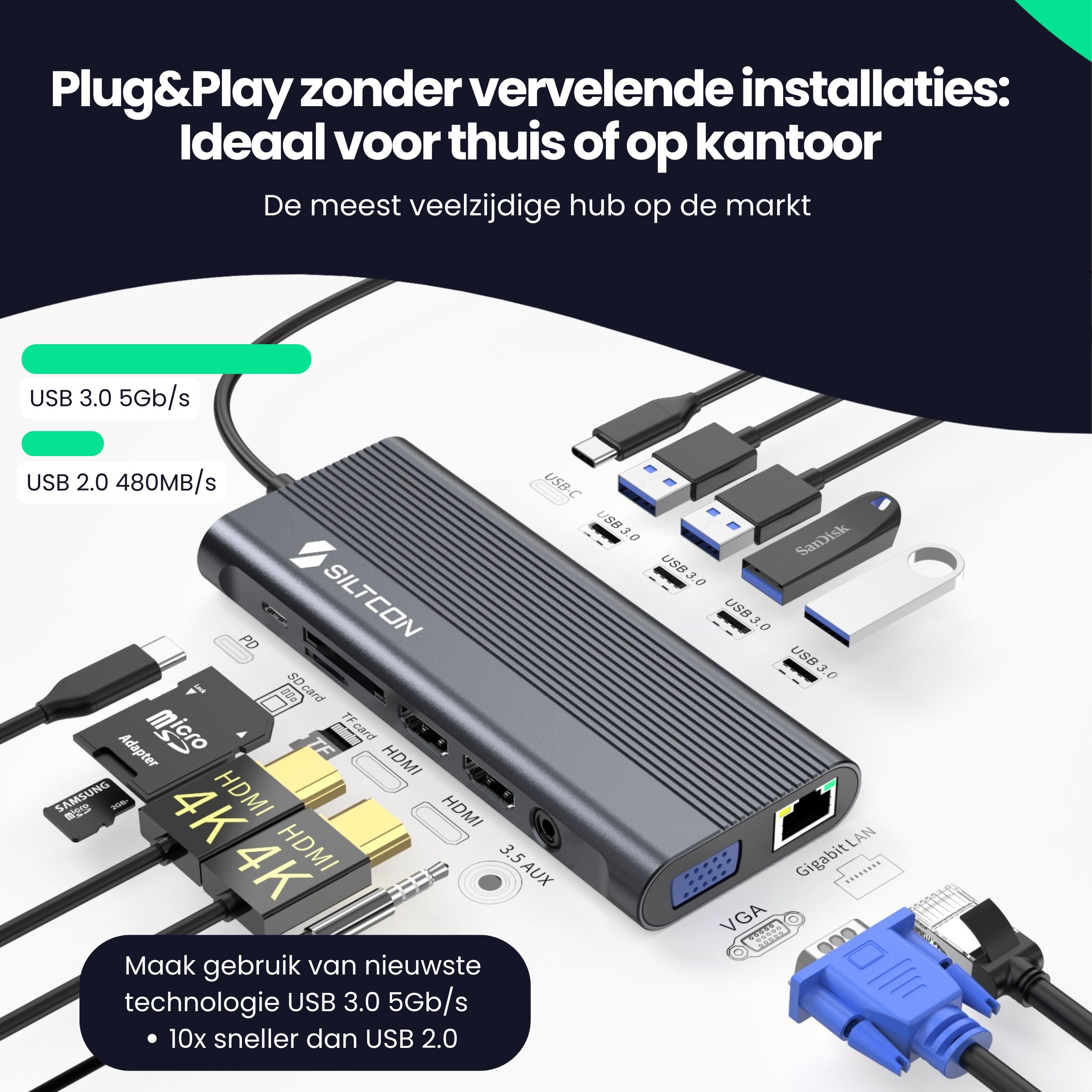 Siltcon® 13 in 1 USB C Hub - Docking Station Laptop - 2x HDMI 4K - VGA - RJ45