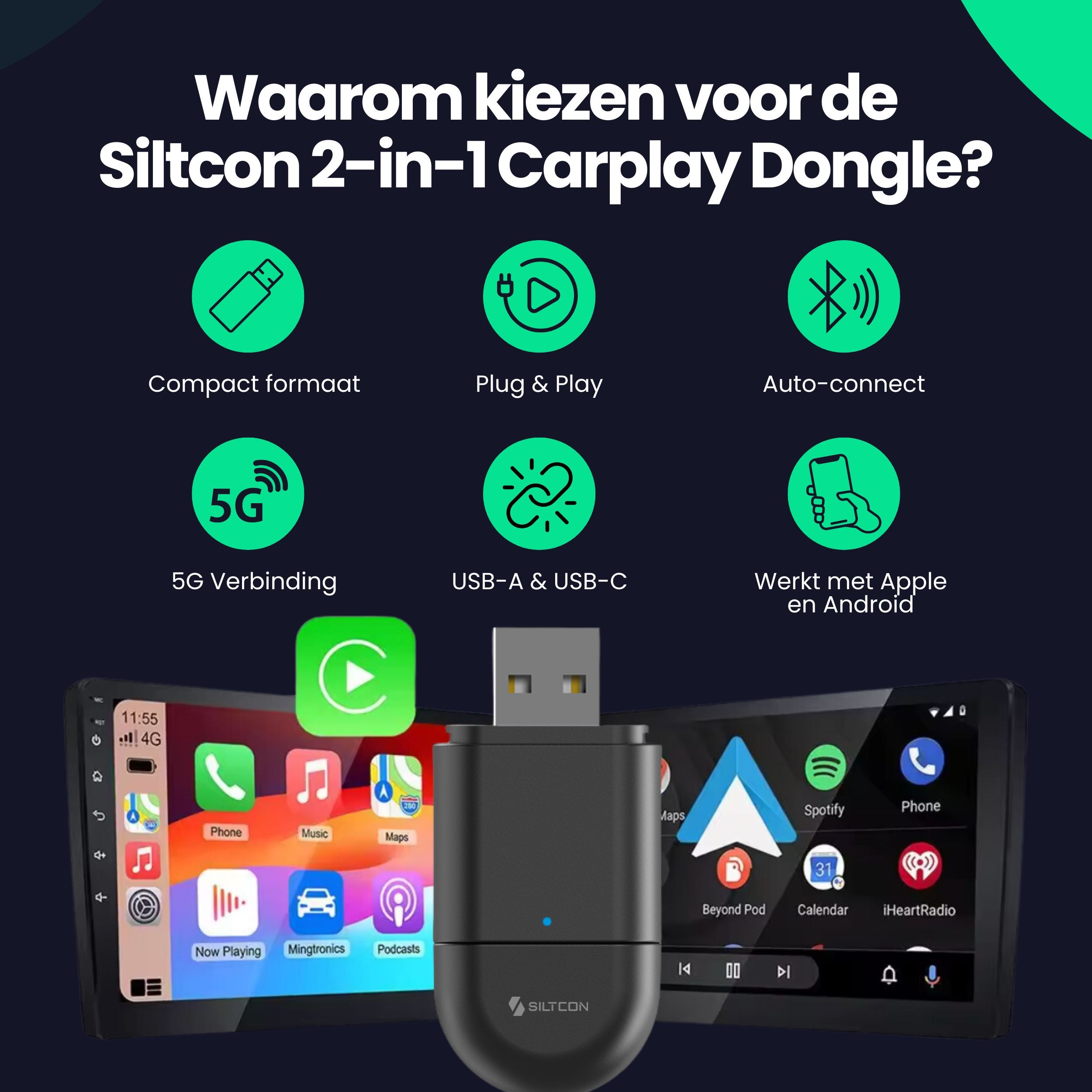 Siltcon®  2-in-1 Carplay Dongle - Android Auto - USB - USB-C - Zwart - Zonder kabels