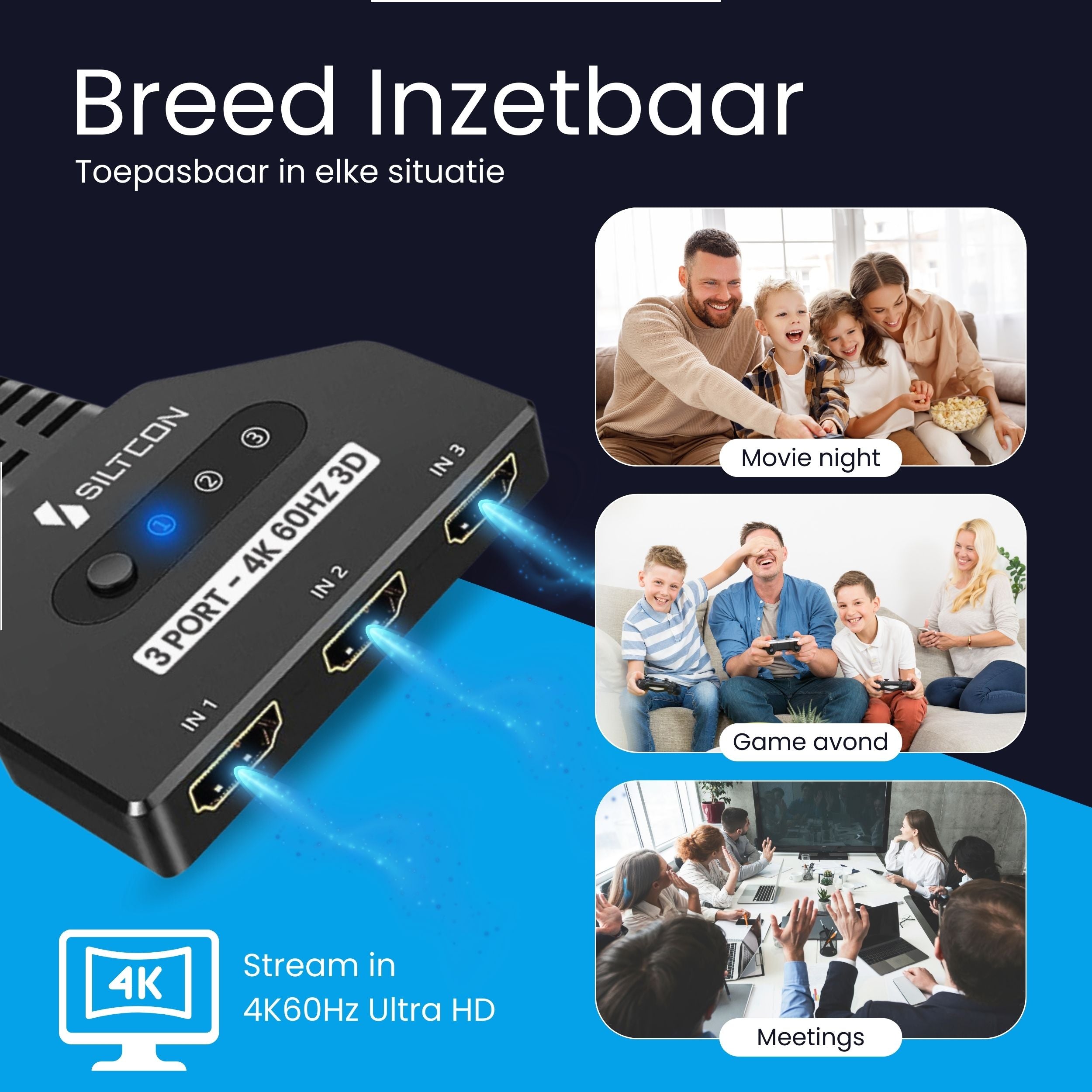 Siltcon® HDMI Switch - 4K 60Hz - 3 ingangen 1 uitgang