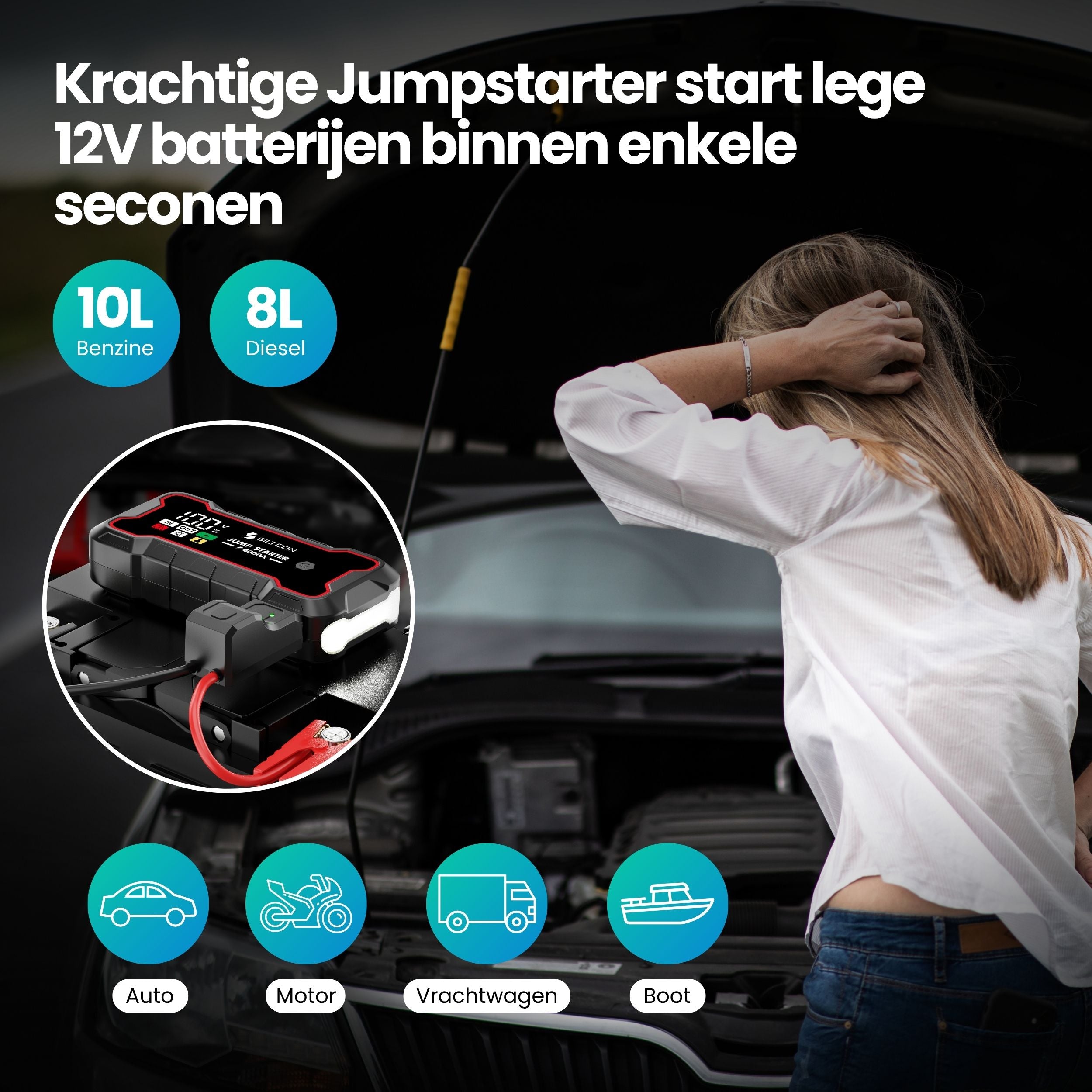 Siltcon Jumpstarter Voor Auto 4000A – Accu Starter & Powerbank 24000mAh