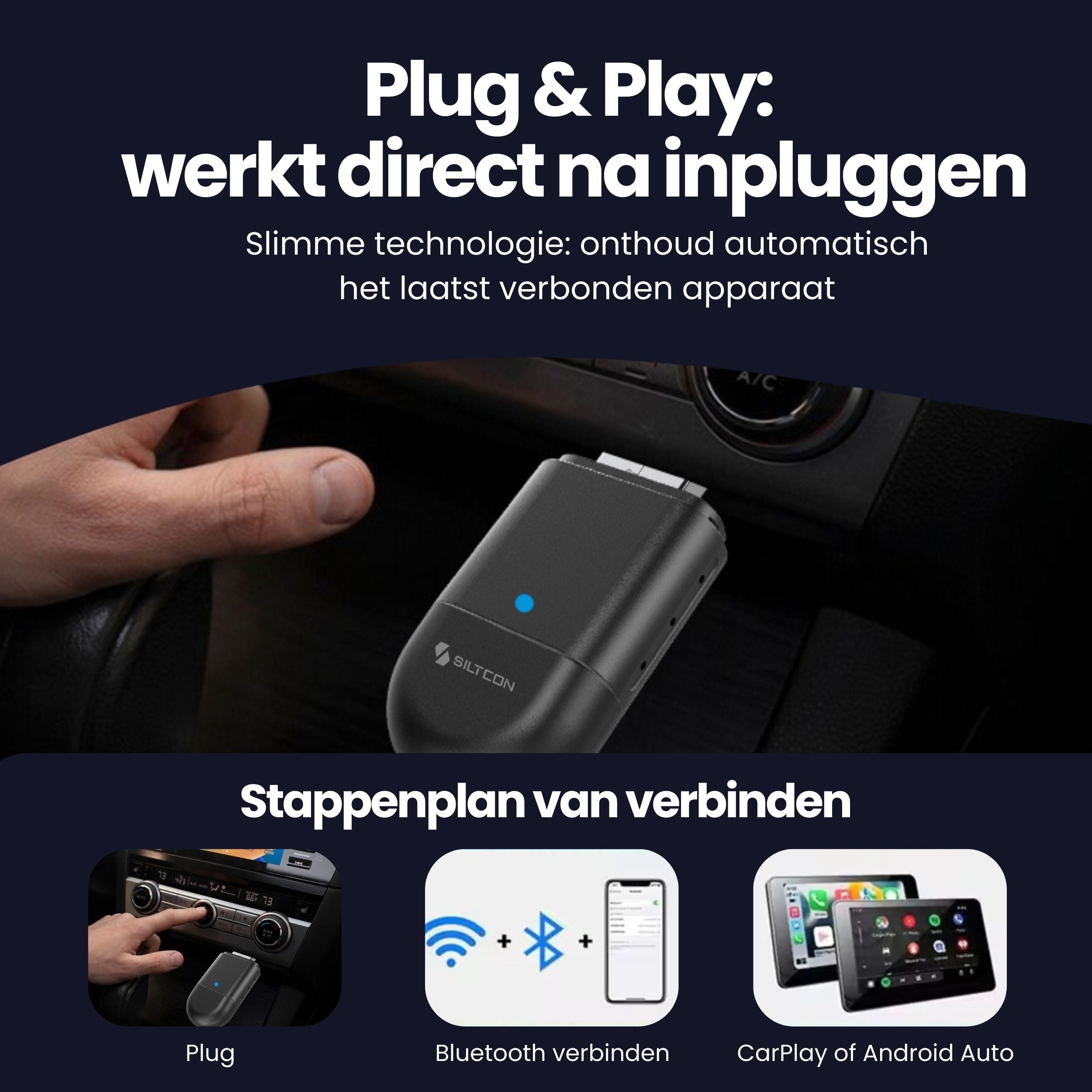 Siltcon®  2-in-1 Carplay Dongle - Android Auto - USB - USB-C - Zwart - Zonder kabels