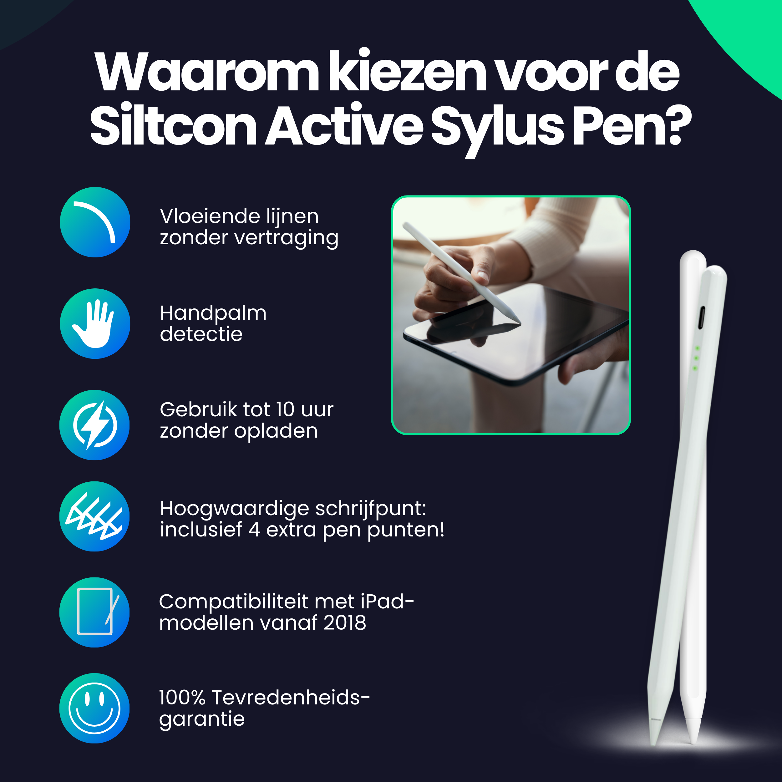 Siltcon® Stylus Pen - Alleen voor iPads 2018-2025 - Stylus pen ipad geschikt - Stylus pen tablet - Palm rejection - 4 extra punten - luxe opberghoes