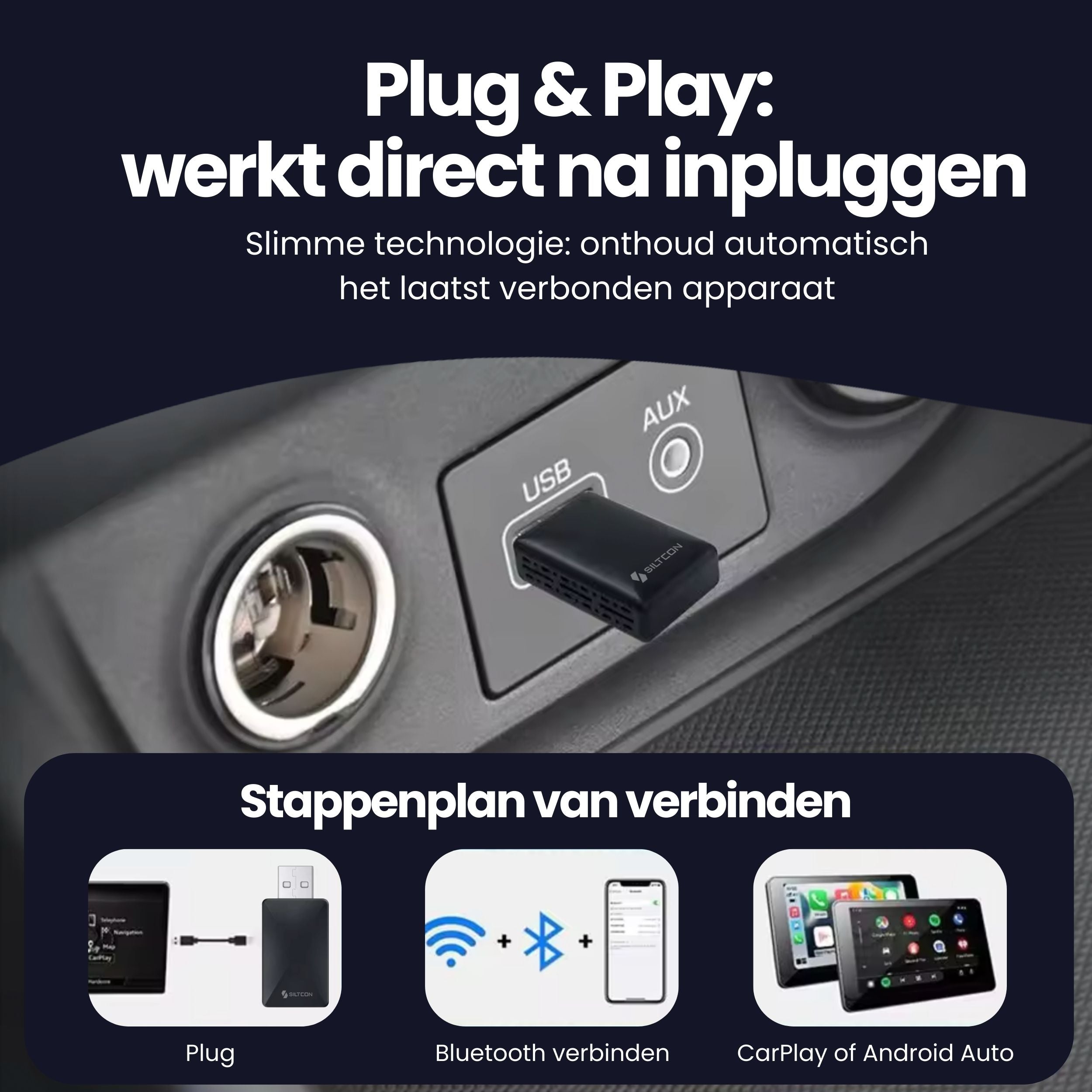 Siltcon® 2-in-1 Carplay Dongle - Android Auto - USB - USB-C - Zwart - 2024 Model