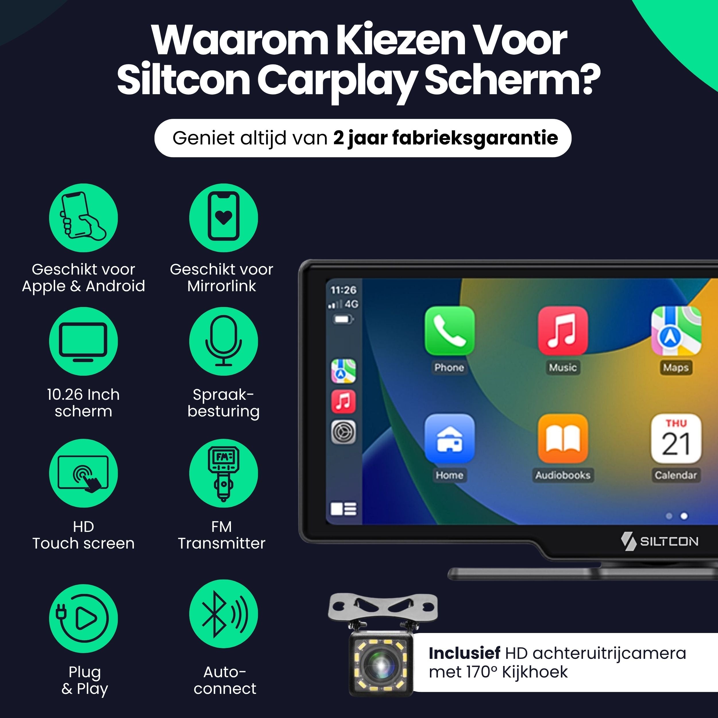 Siltcon 10.26” CarPlay Scherm – Draadloos voor iOS & Android
