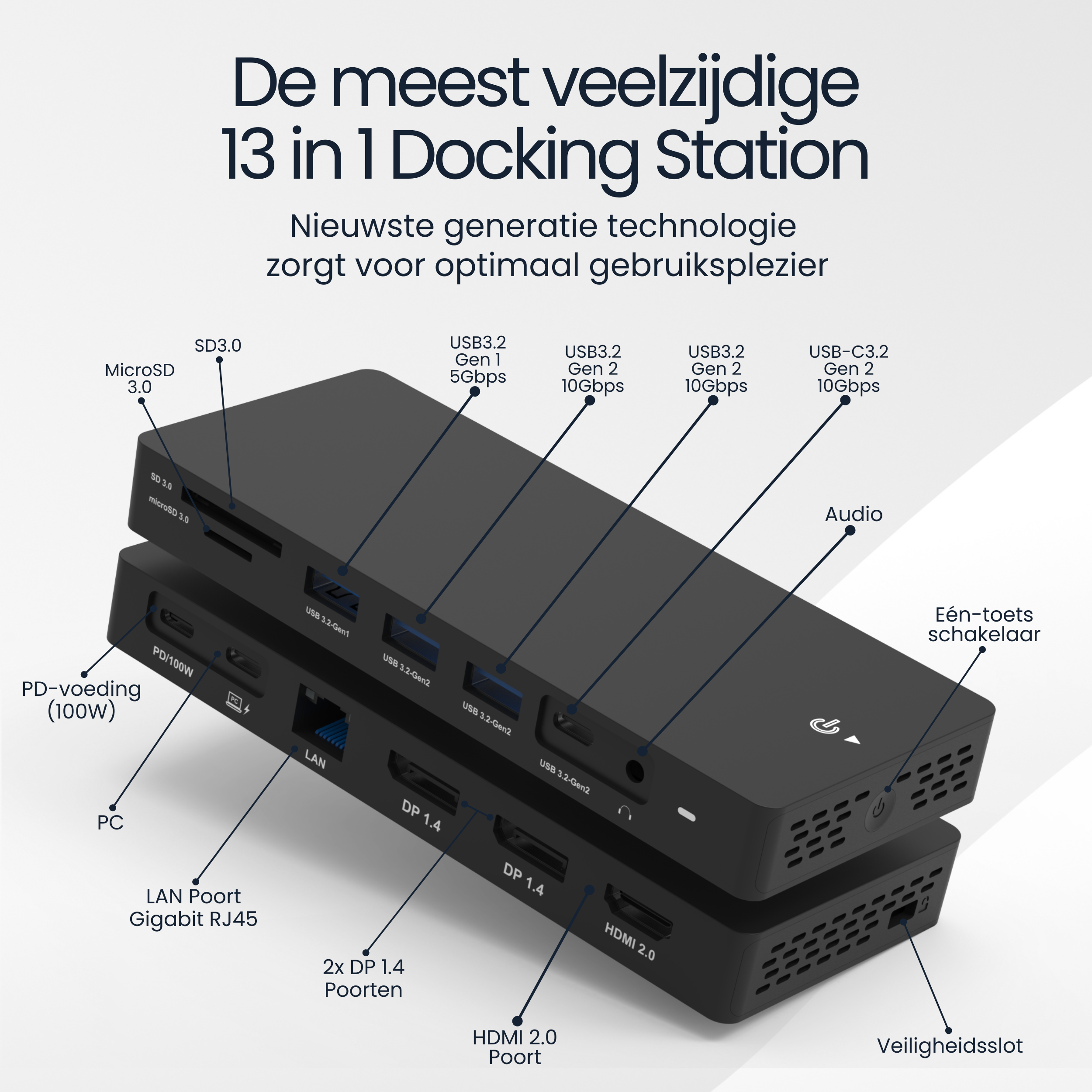 Siltcon® 13 en 1 Tripple Display - Station d'accueil pour ordinateur portable - 2x DP 4K - VGA - RJ45