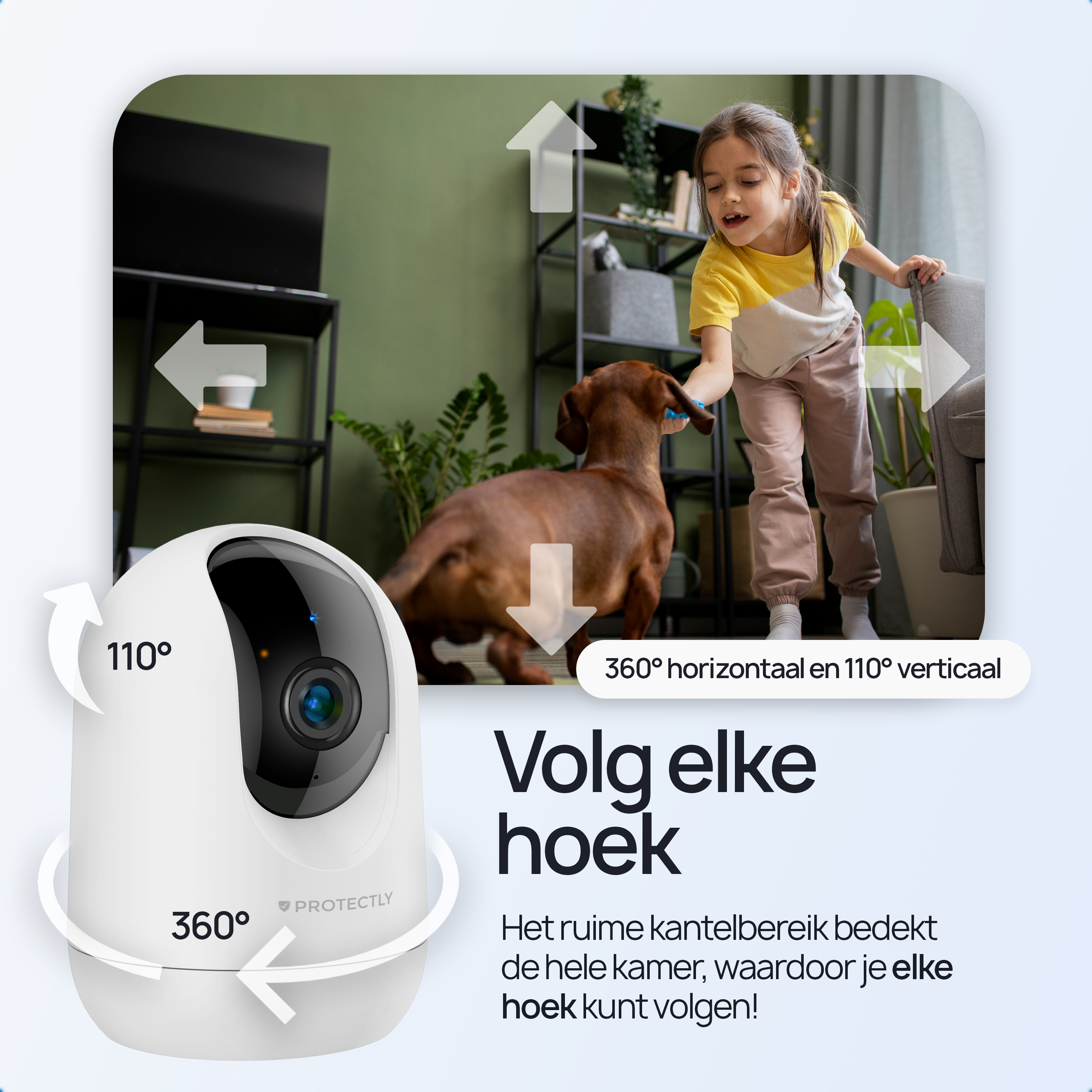 Caméra de sécurité intérieure Protectly® 2K - Caméra pour animaux de compagnie - Avec application WiFi - 2K 3MP Ultra HD - Blanc