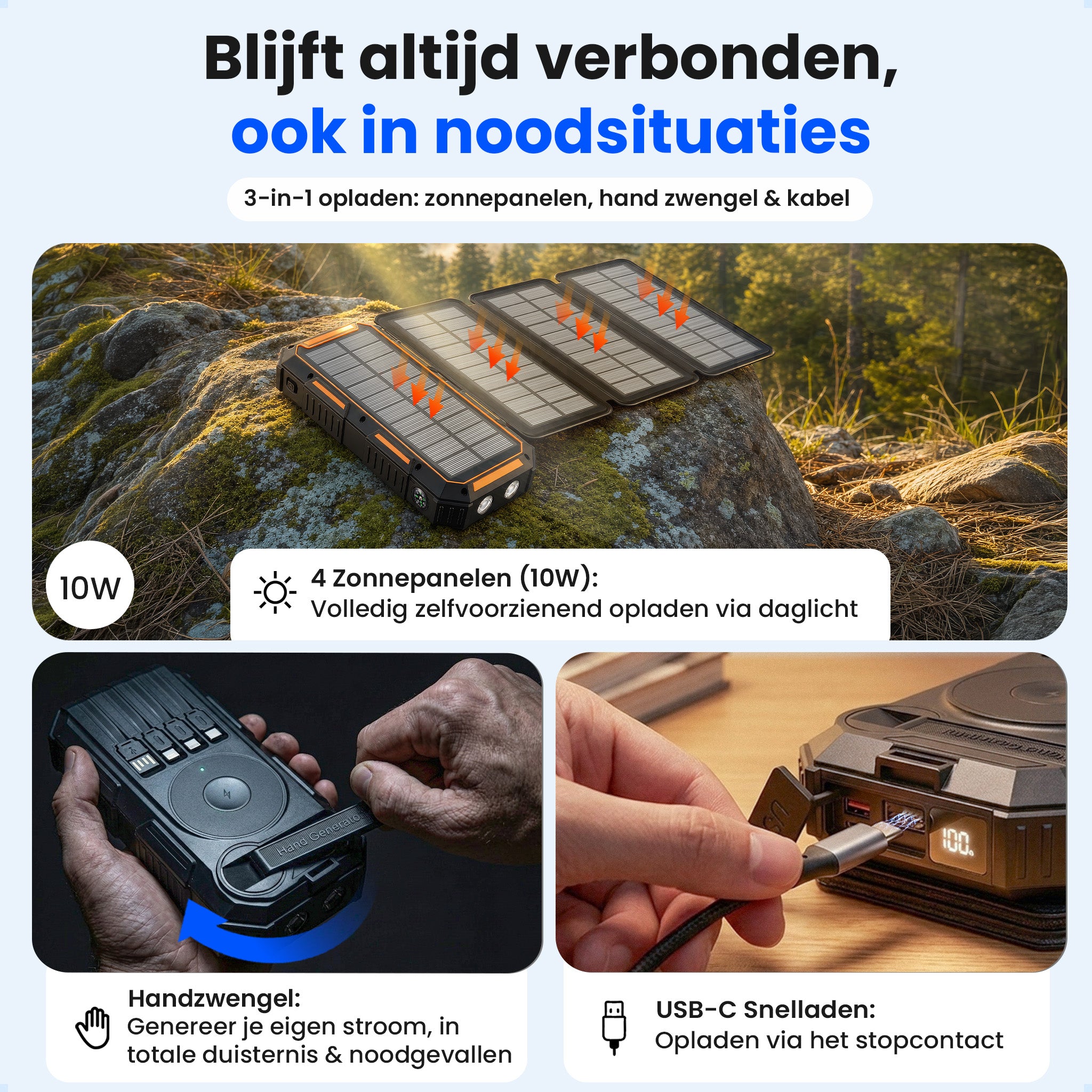 Siltcon® Powerbank Zonneenergie 20000 mAh - Solar Powerbank & Opwindbaar
