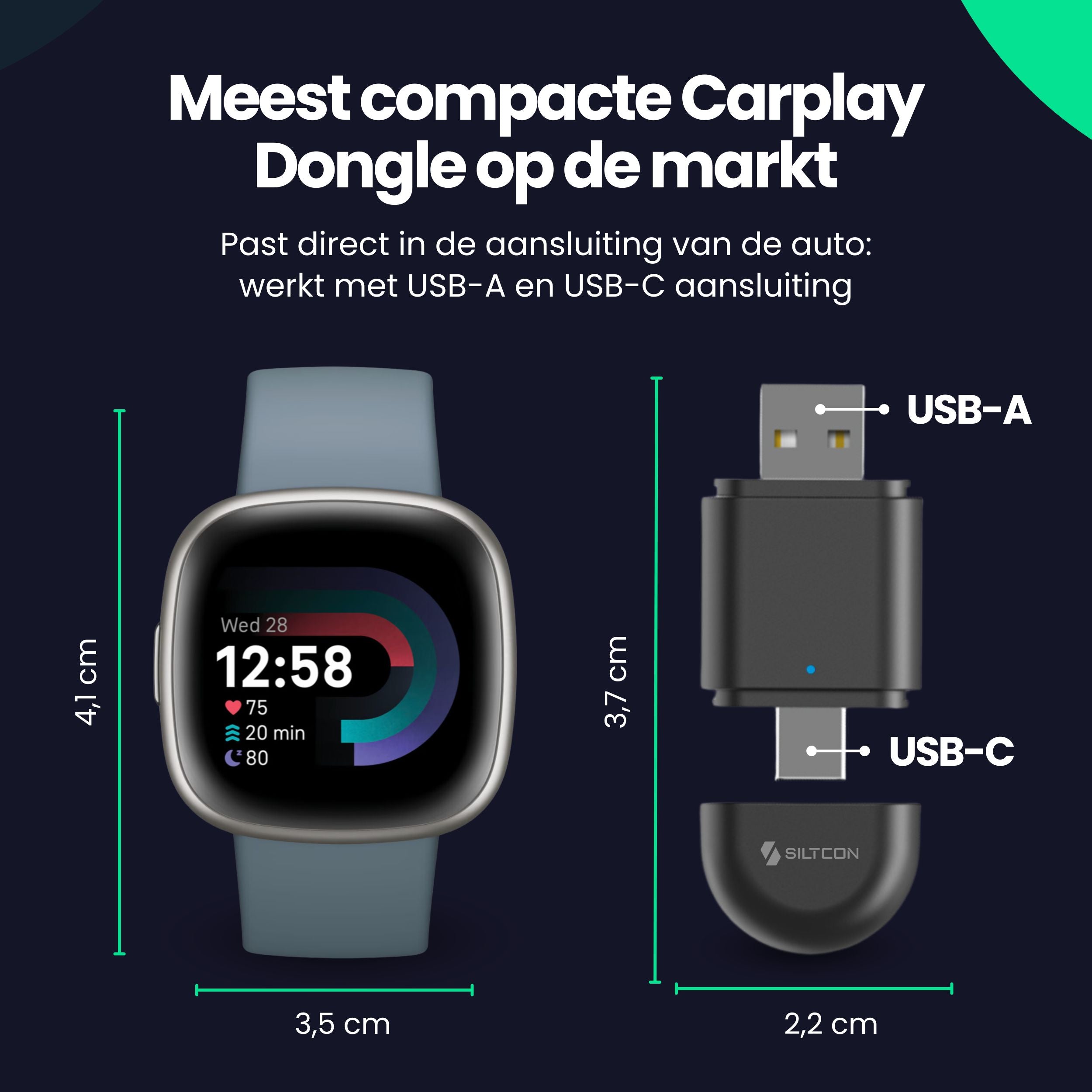 Siltcon®  2-in-1 Carplay Dongle - Android Auto - USB - USB-C - Zwart - Zonder kabels