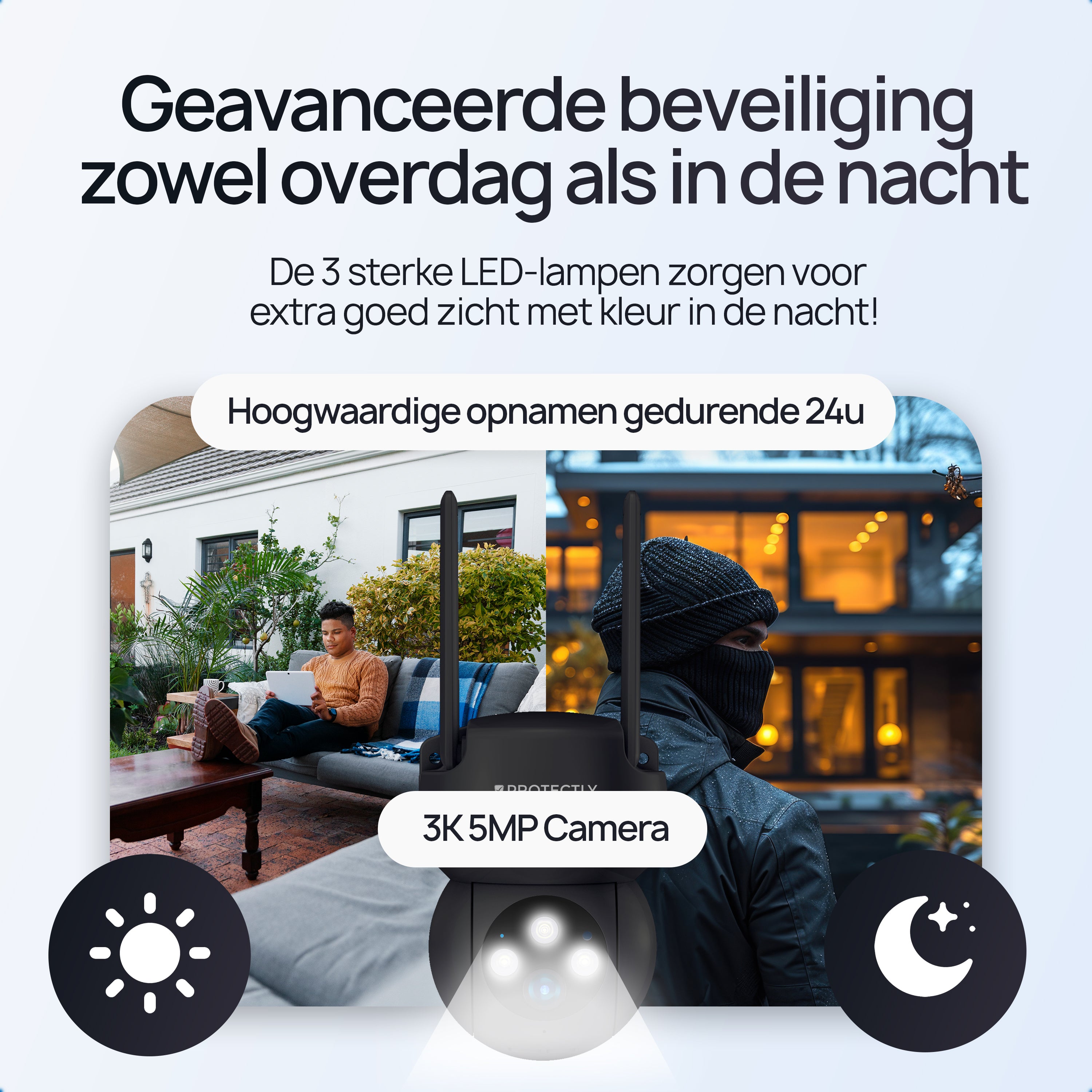 Protectly® Beveiligingscamera Buiten - 3K HD 5MP - Met WiFi en APP - Incl. 64GB SD - Zwart