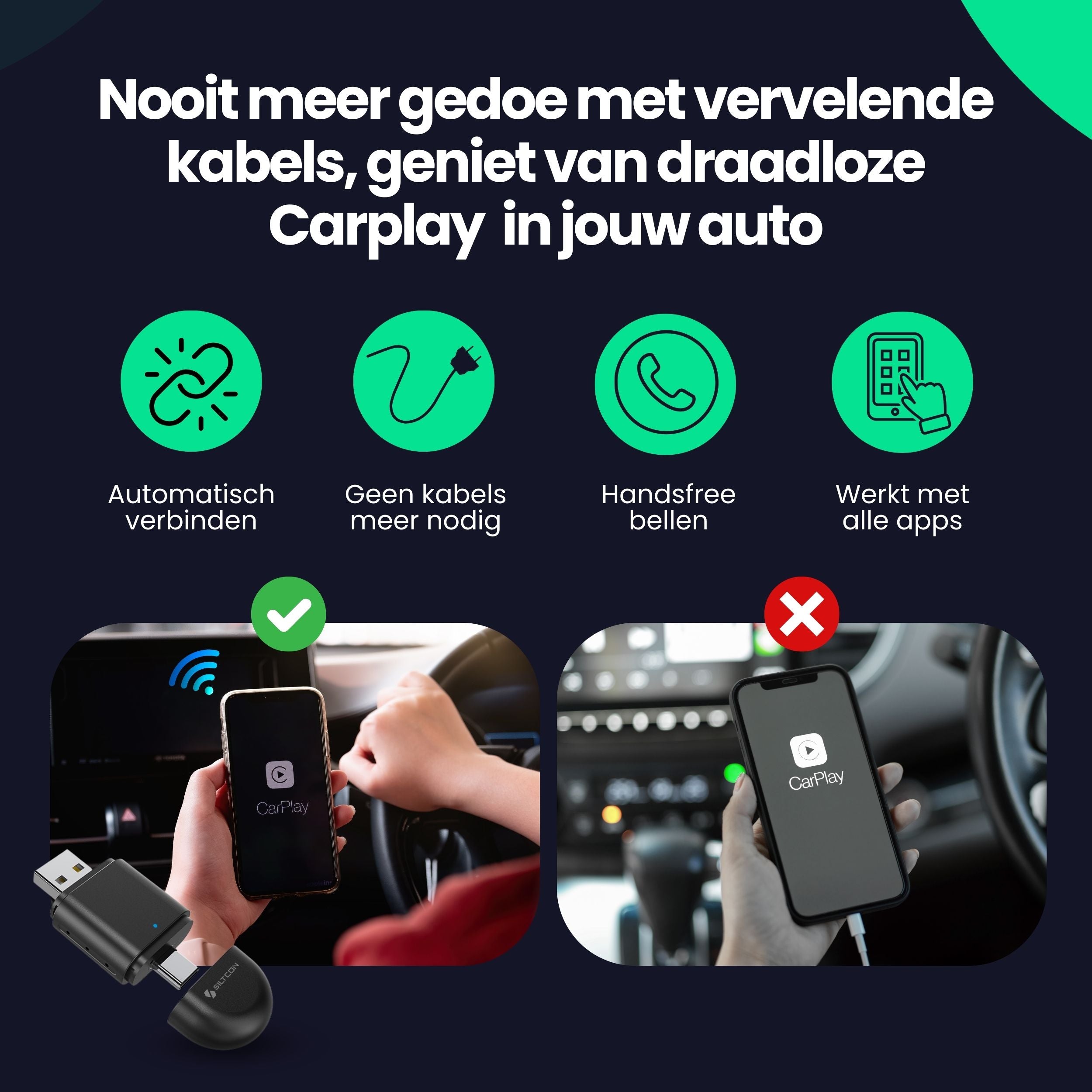 Siltcon®  2-in-1 Carplay Dongle - Android Auto - USB - USB-C - Zwart - Zonder kabels