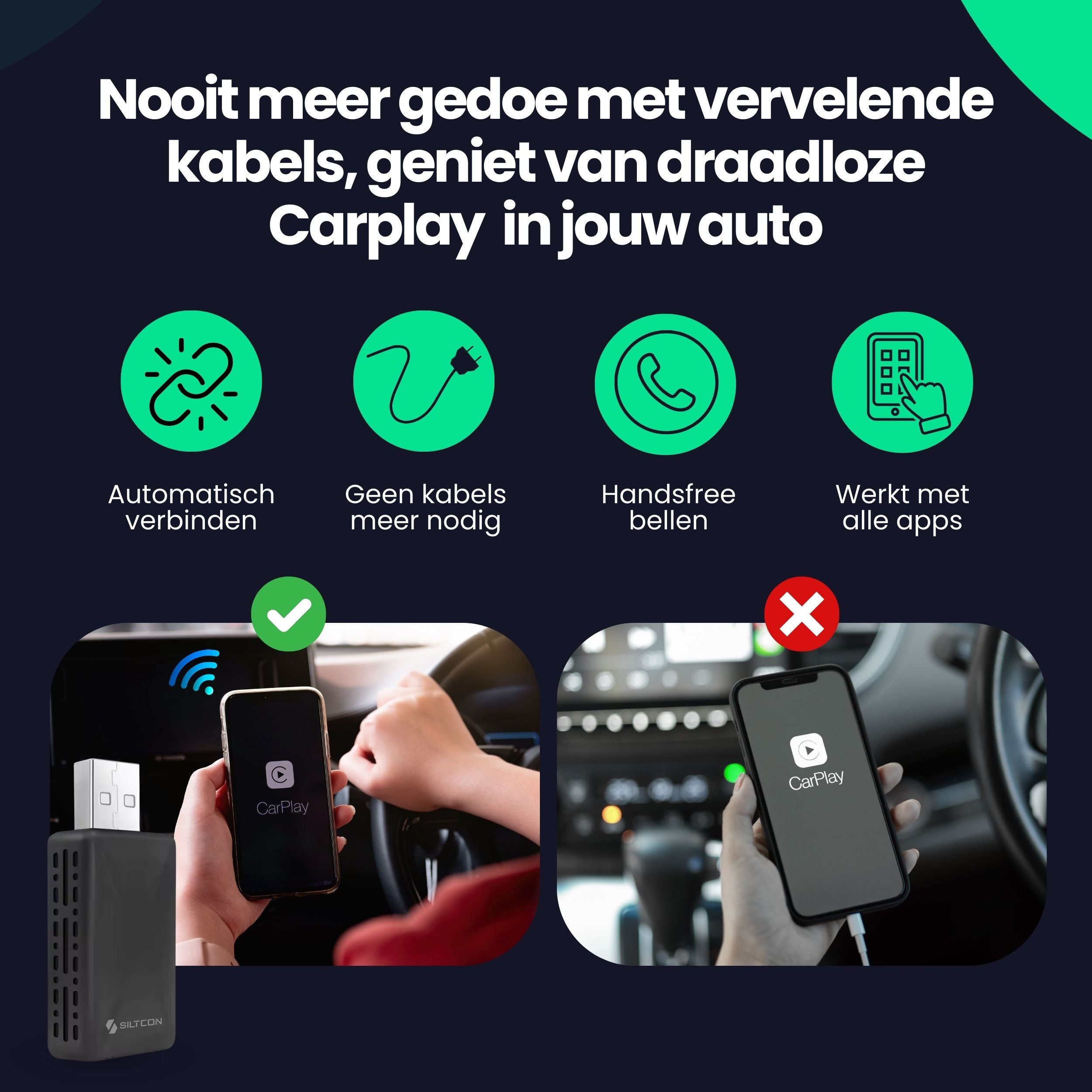 Dongle Carplay 2-en-1 Siltcon® - Android Auto - USB - USB-C - Noir - Modèle 2024