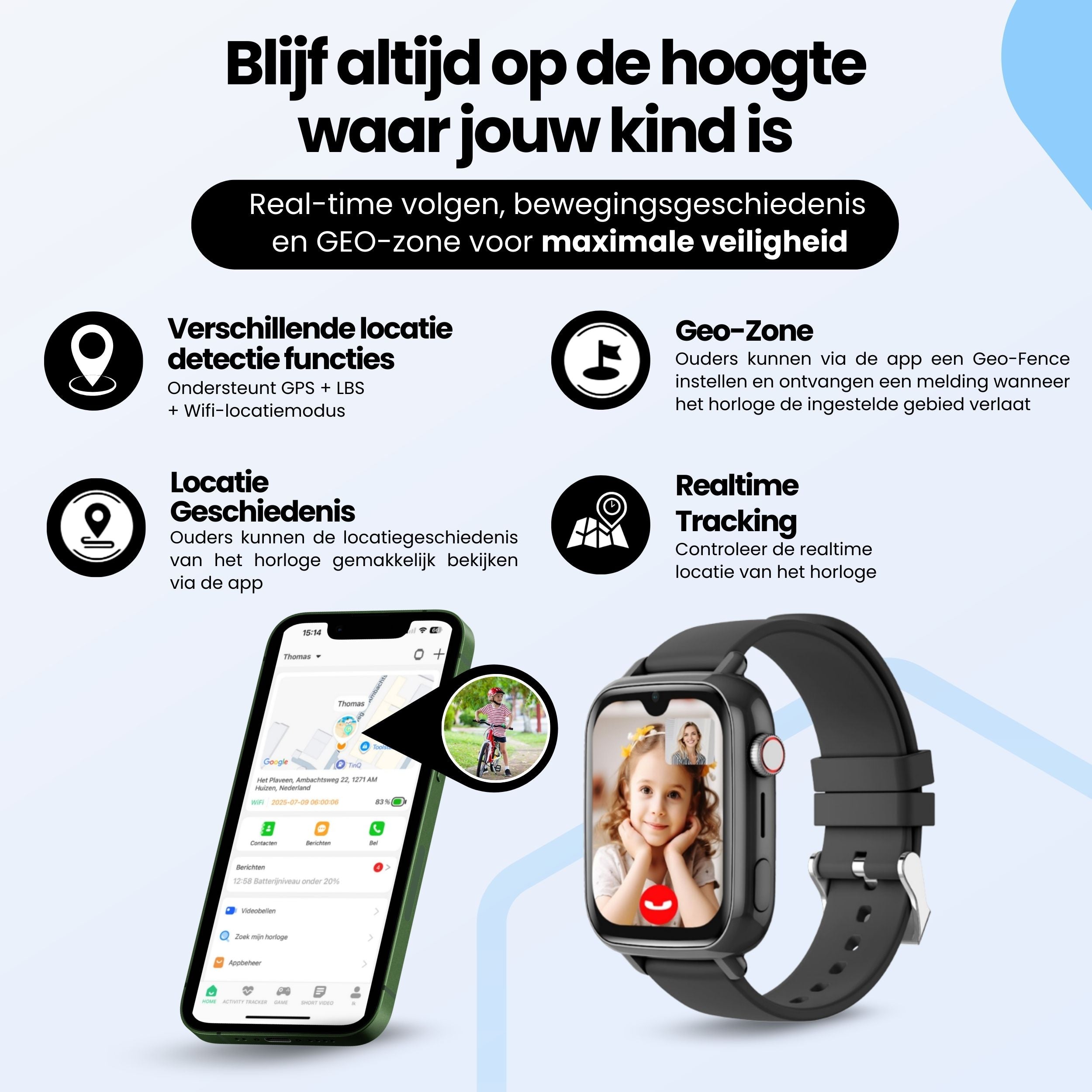 Protectly Kinder GPS Horloge – Smartwatch kind met bellen – GPS & SOS