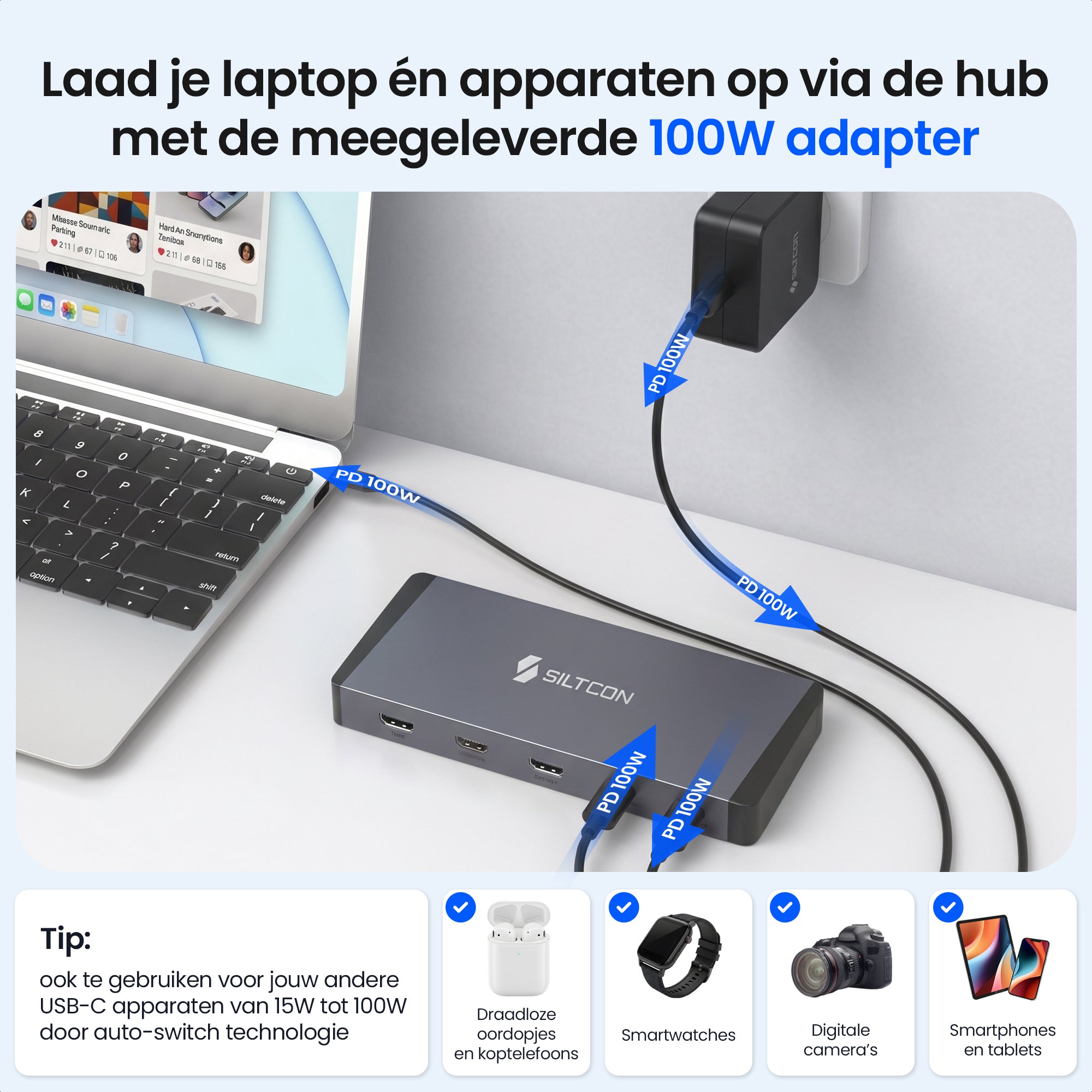 Siltcon® 14 in 1 - Docking Station Laptop – 100W Adapter