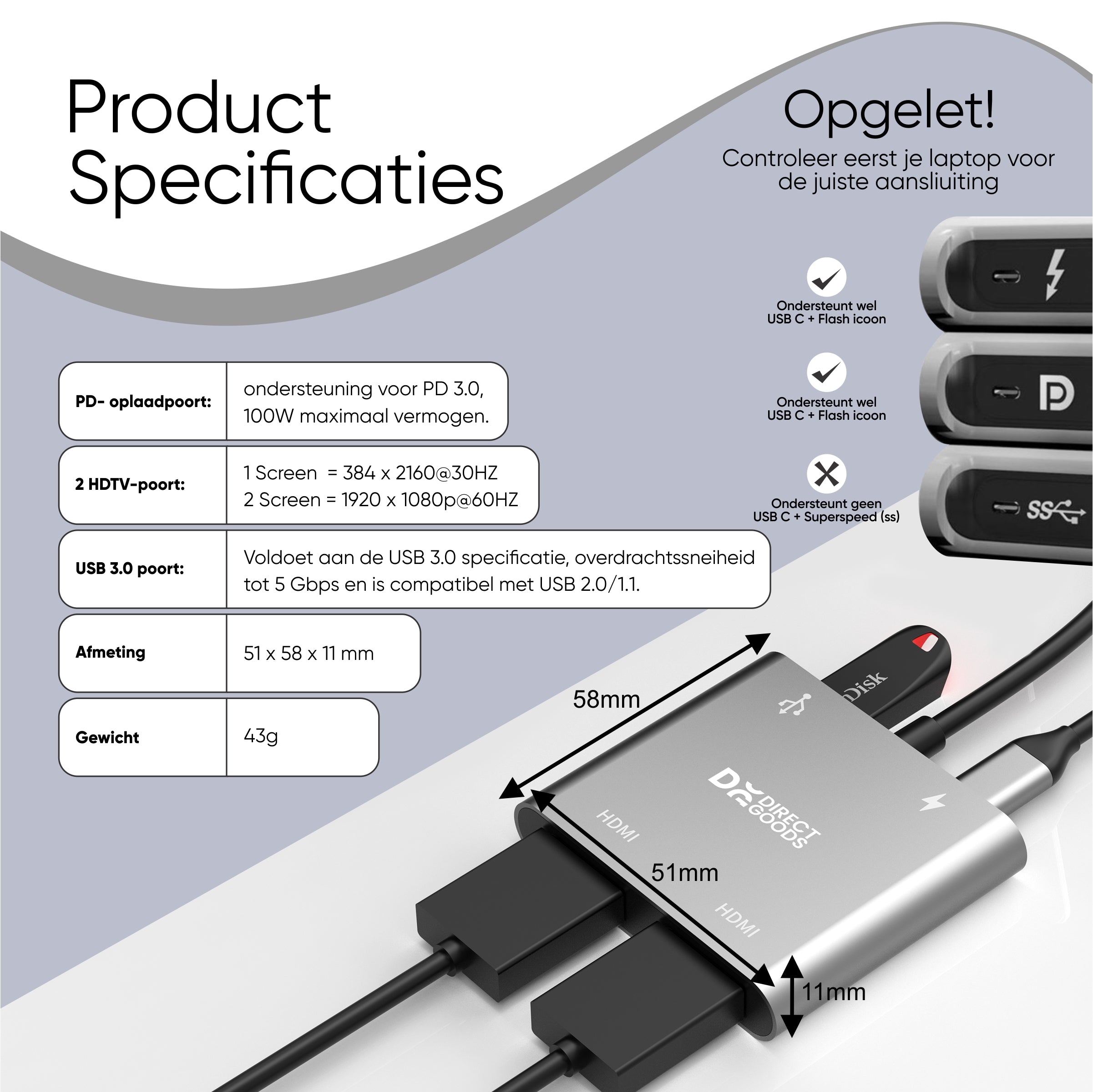 Siltcon® 4 en 1 USB C Hub® - Station d'accueil pour ordinateur portable 2x HDMI 4K - USB-C