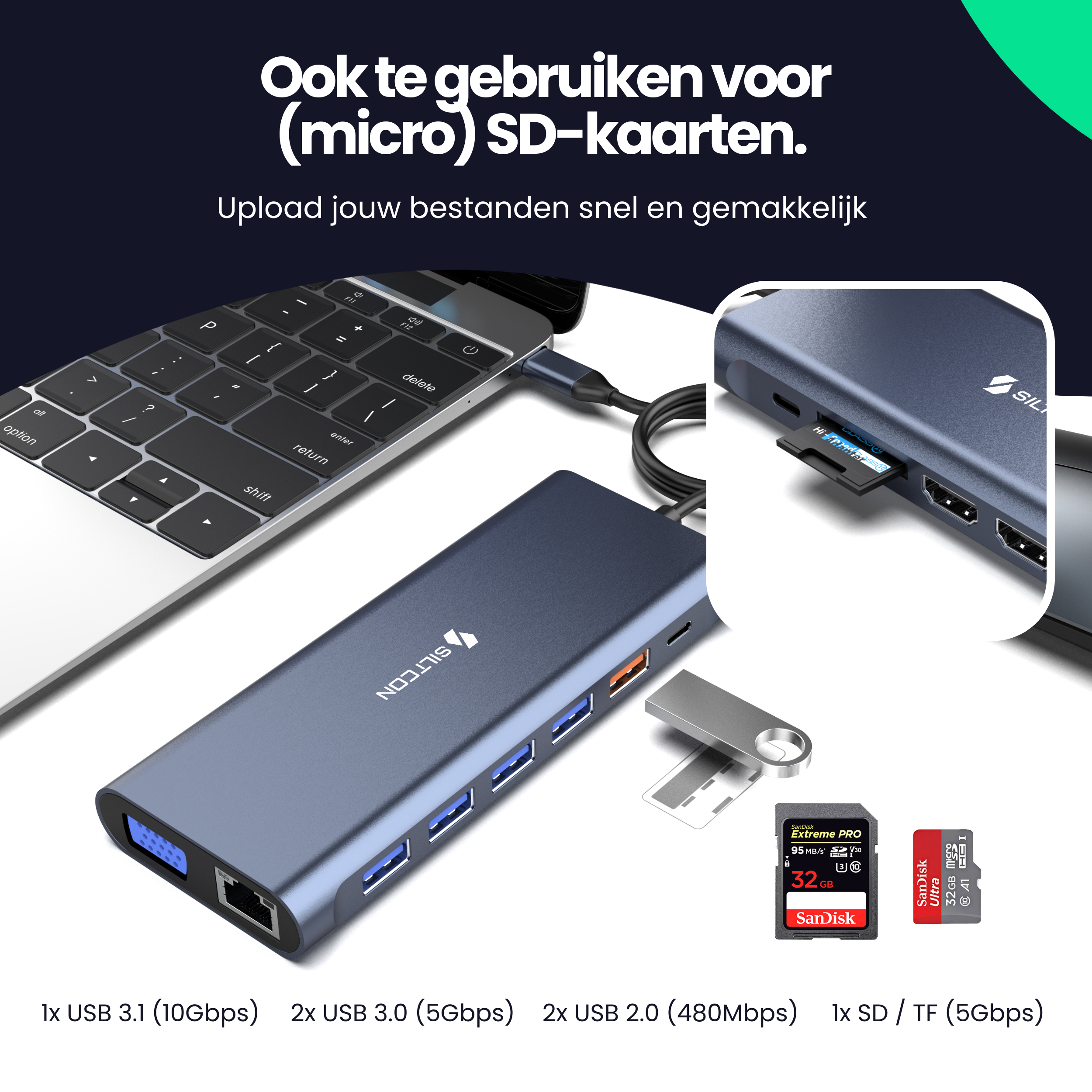 Hub USB C Siltcon® 14 en 1 - Station d'accueil pour ordinateur portable 2x HDMI 4K - VGA - RJ45