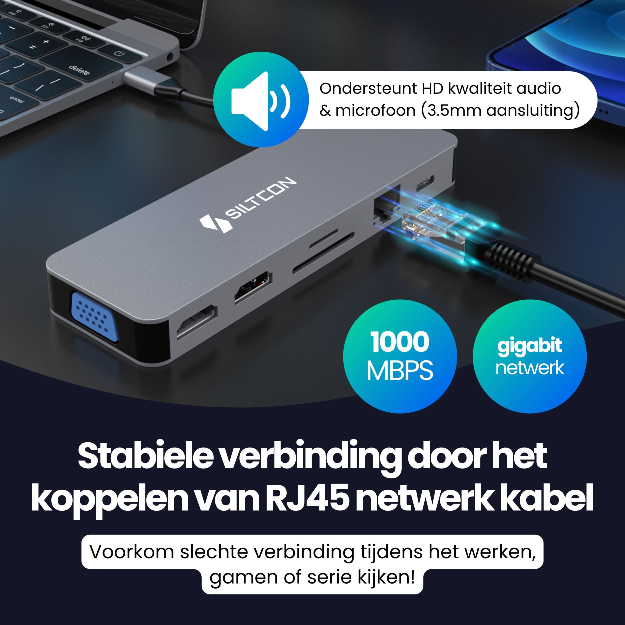 Siltcon® 13 in 1 Docking Station Laptop - 2x HDMI 4K - 100W Snelladen - RJ45 Gigabit - 1x VGA - 4x USB 3.0 - 2x USB-C - SD/TF - Audio 3.5MM