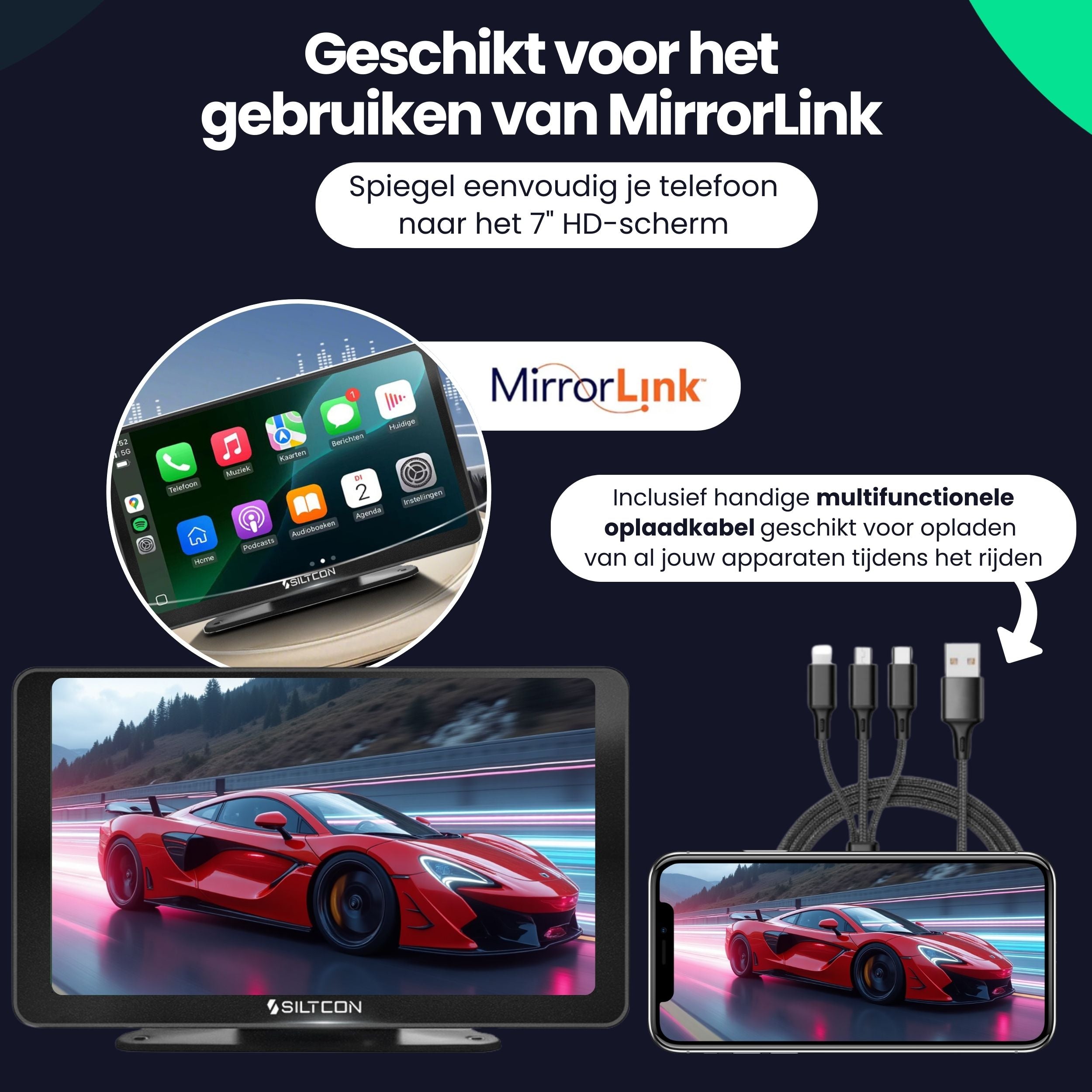 Siltcon CarPlay Scherm 7 Inch – Geschikt voor Apple & Android – Draadloos gebruik