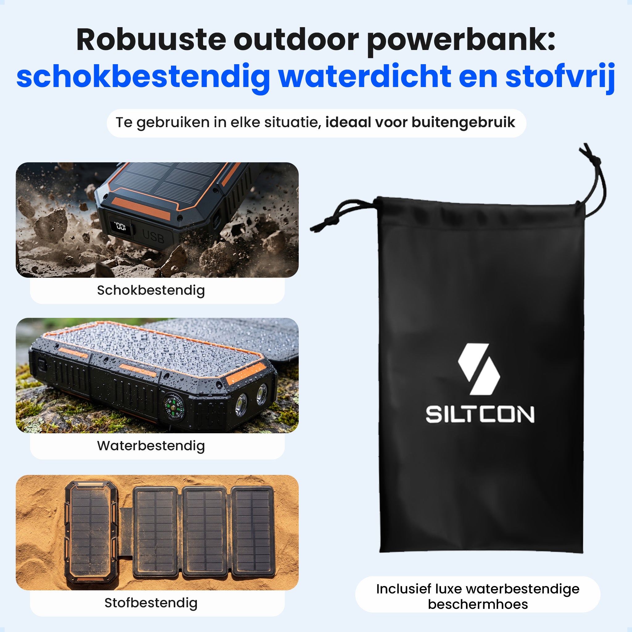 Siltcon® Powerbank Zonneenergie 20000 mAh - Solar Powerbank & Opwindbaar