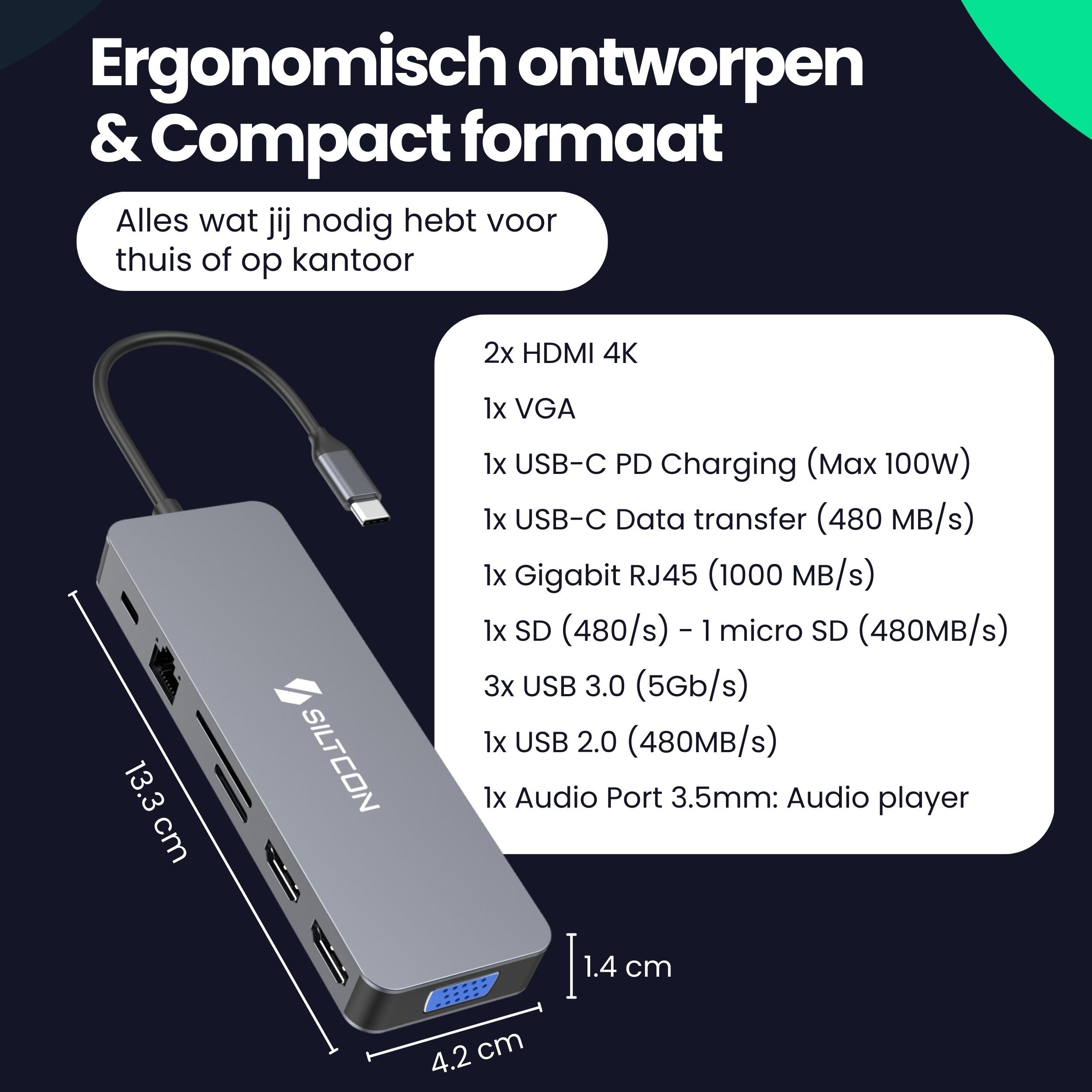 Siltcon® 13 in 1 Docking Station Laptop - 2x HDMI 4K - 100W Snelladen - RJ45 Gigabit - 1x VGA - 4x USB 3.0 - 2x USB-C - SD/TF - Audio 3.5MM