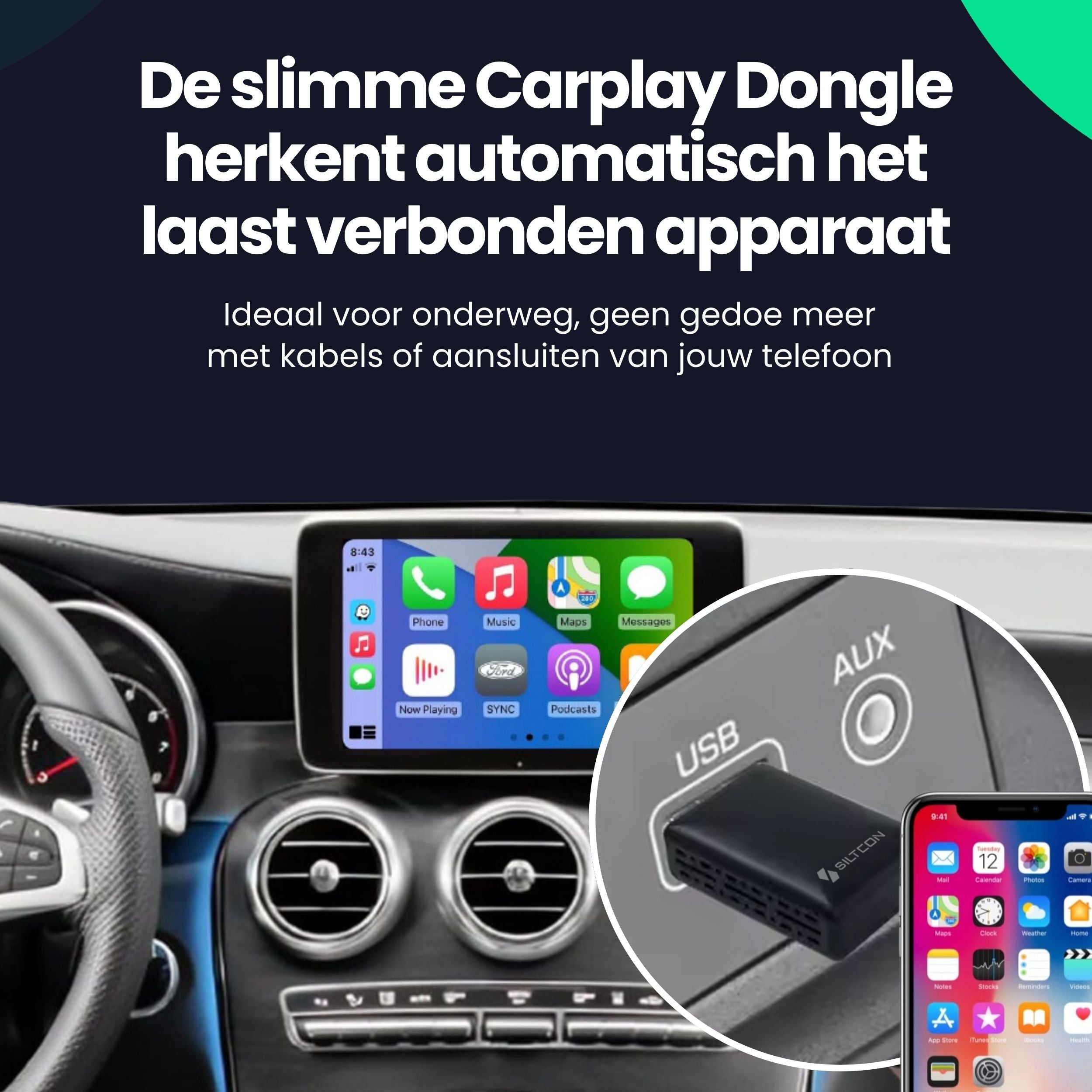 Siltcon® 2-in-1 Carplay Dongle - Android Auto - USB - USB-C - Zwart - 2024 Model