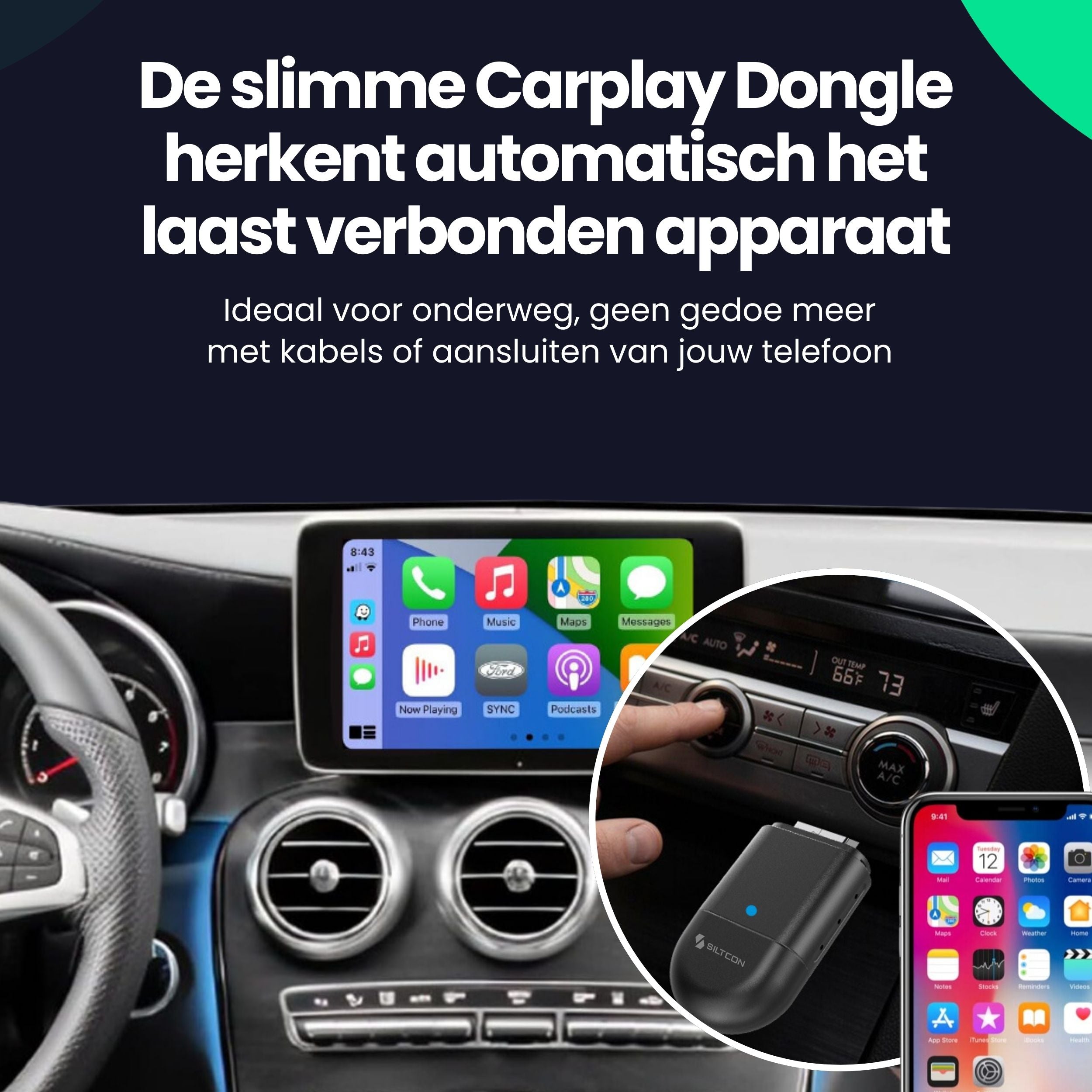 Siltcon®  2-in-1 Carplay Dongle - Android Auto - USB - USB-C - Zwart - Zonder kabels