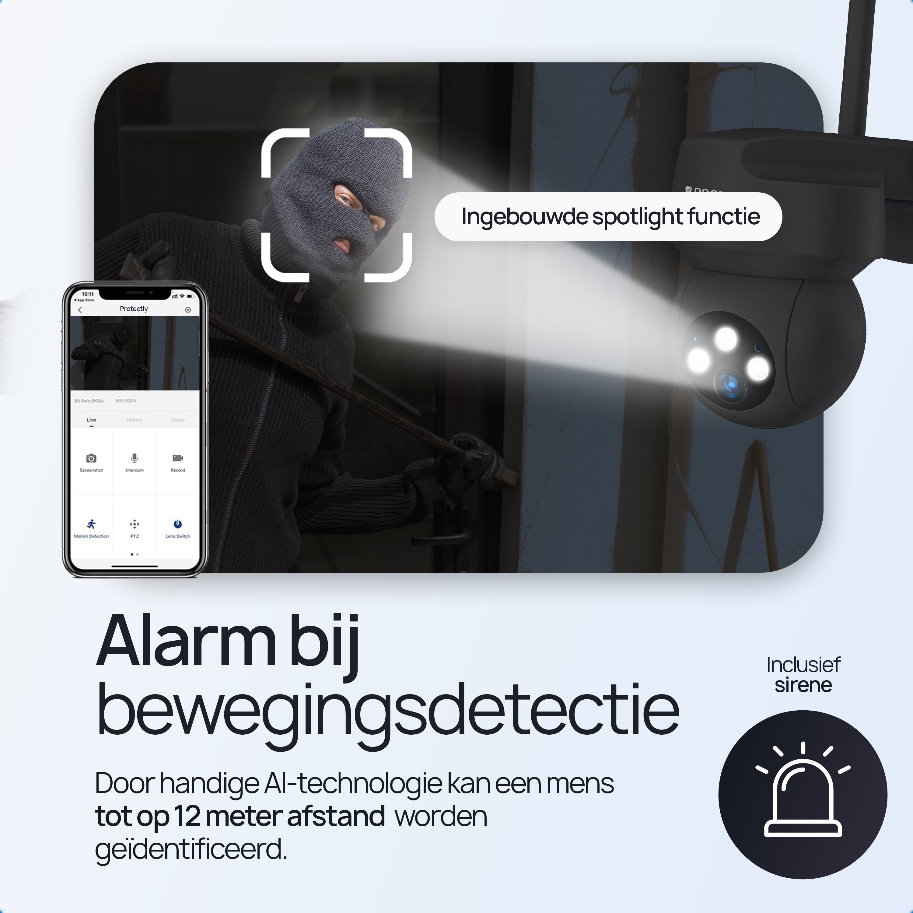 Protectly® Beveiligingscamera Buiten - 3K HD 5MP - Met WiFi en APP - Incl. 64GB SD - Zwart