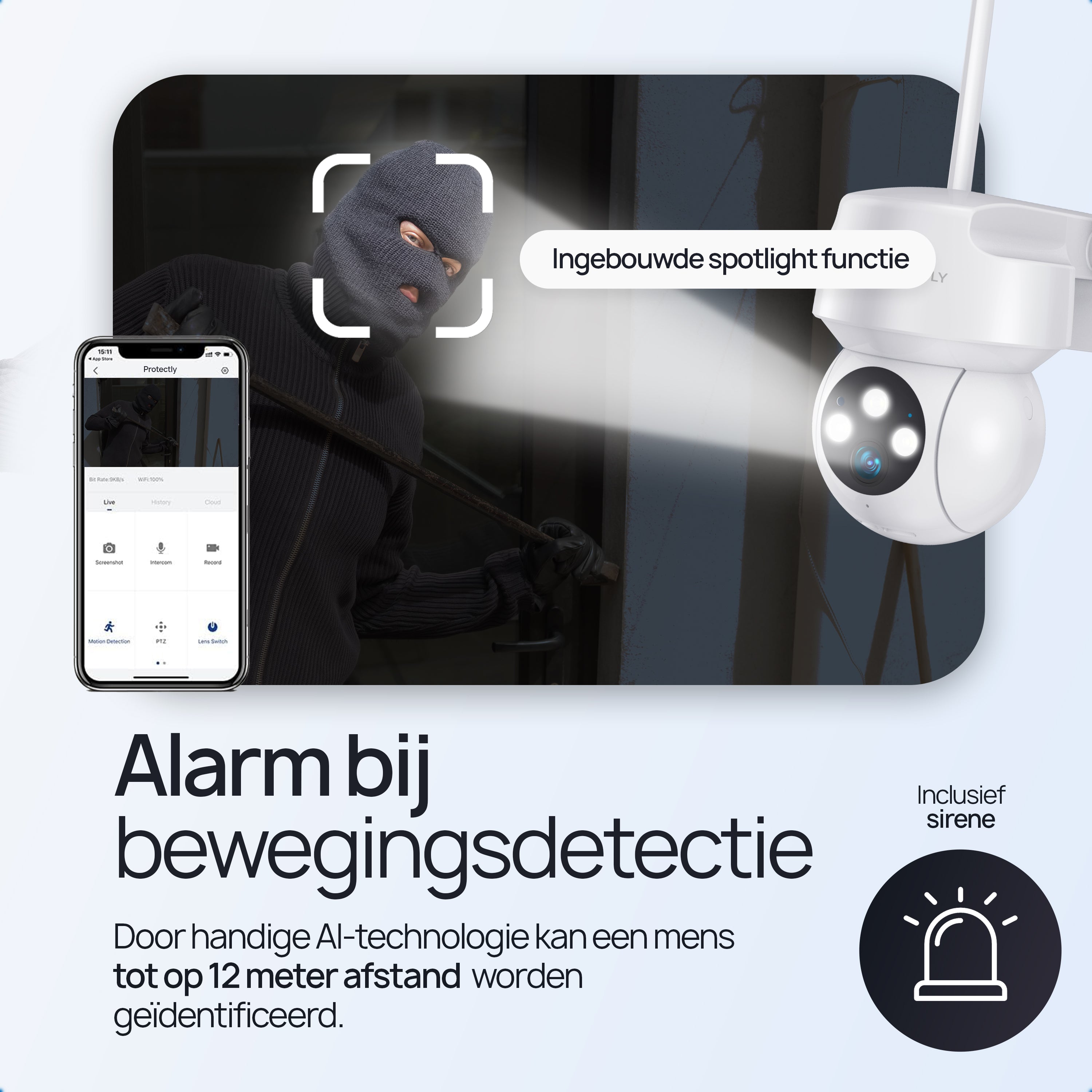 Protectly® Beveiligingscamera Buiten - 3K HD 5MP - Met WiFi en APP - Incl. 64GB SD - Wit