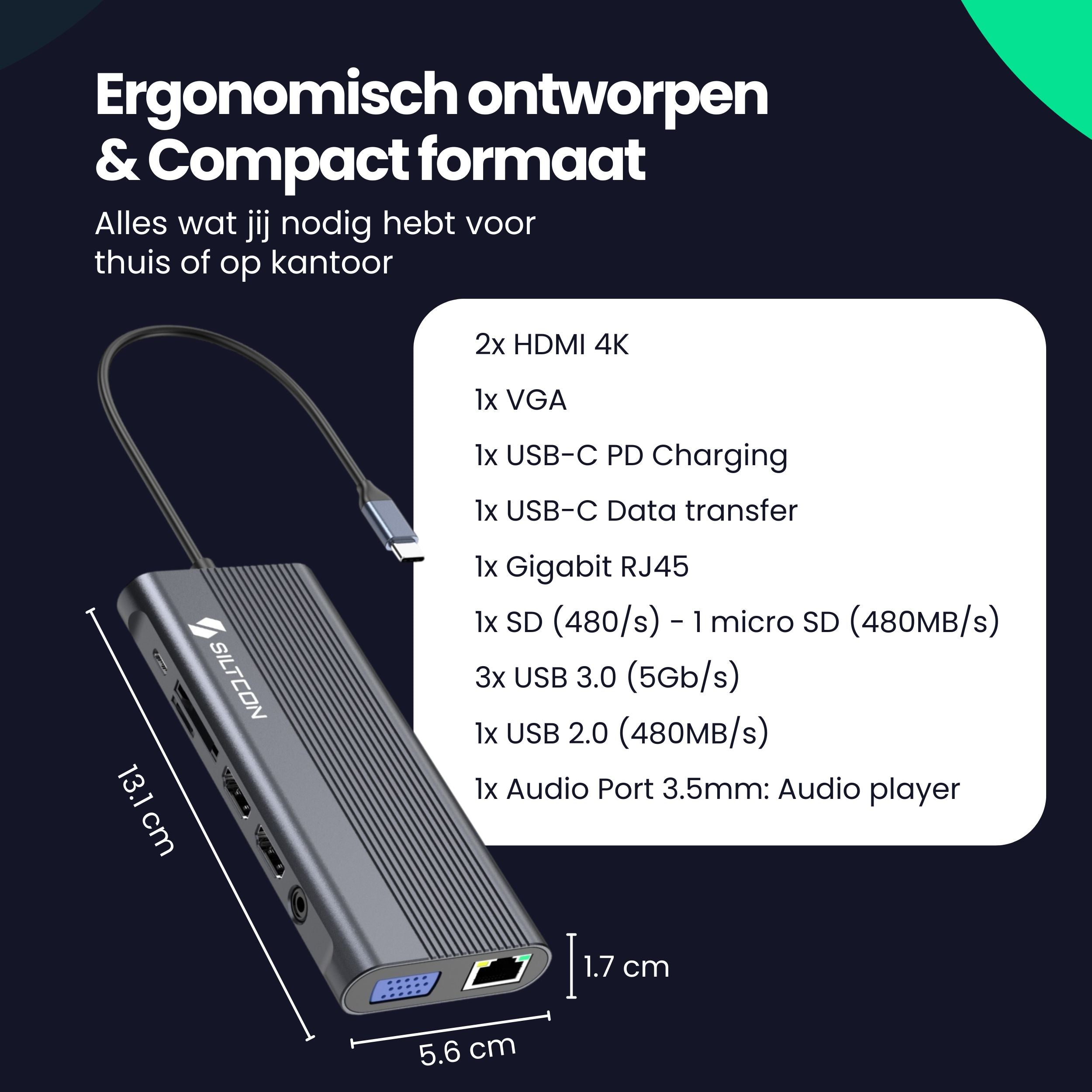 Siltcon® 13 in 1 USB C Hub - Docking Station Laptop - 2x HDMI 4K - VGA - RJ45