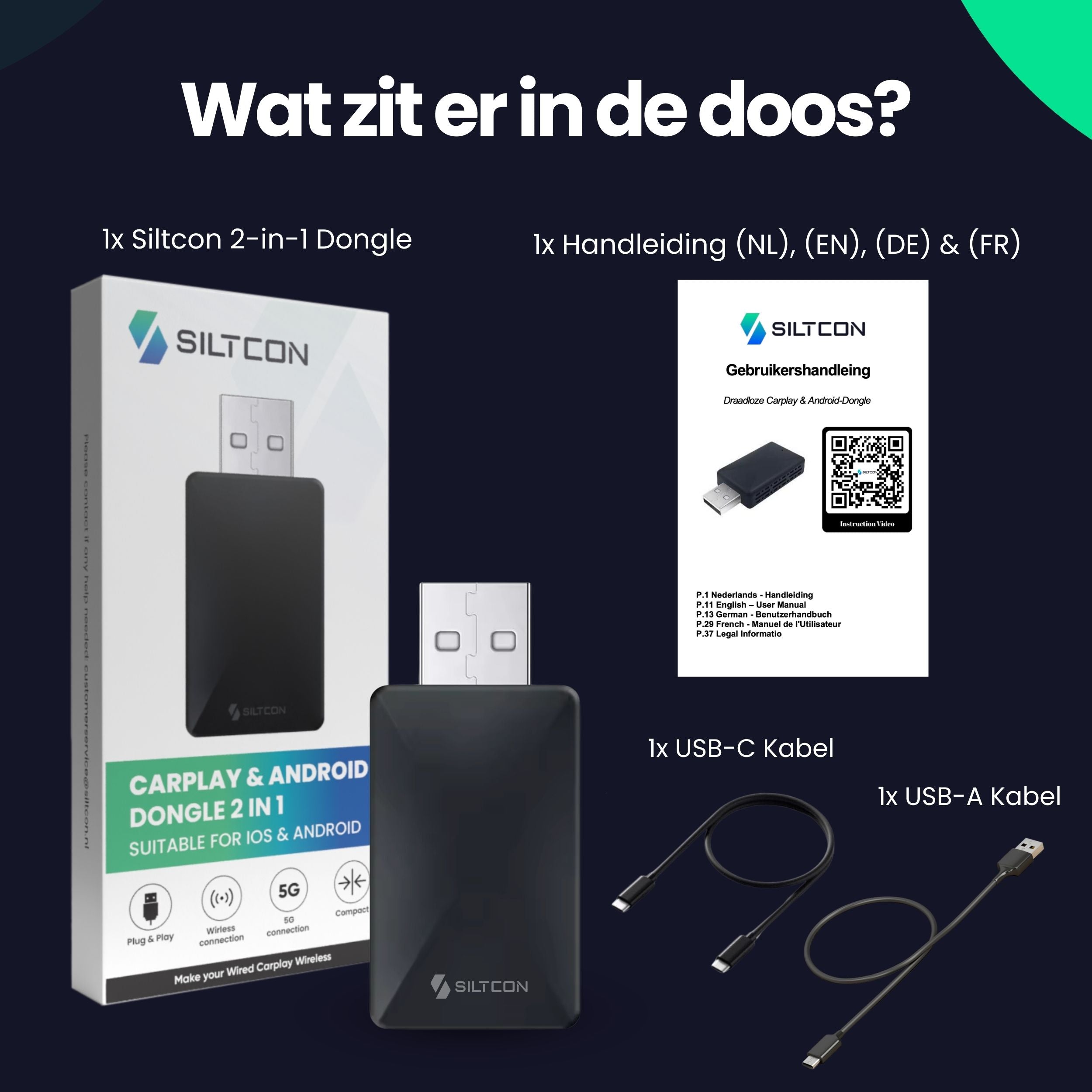 Siltcon® 2-in-1 Carplay Dongle - Android Auto - USB - USB-C - Zwart - 2024 Model